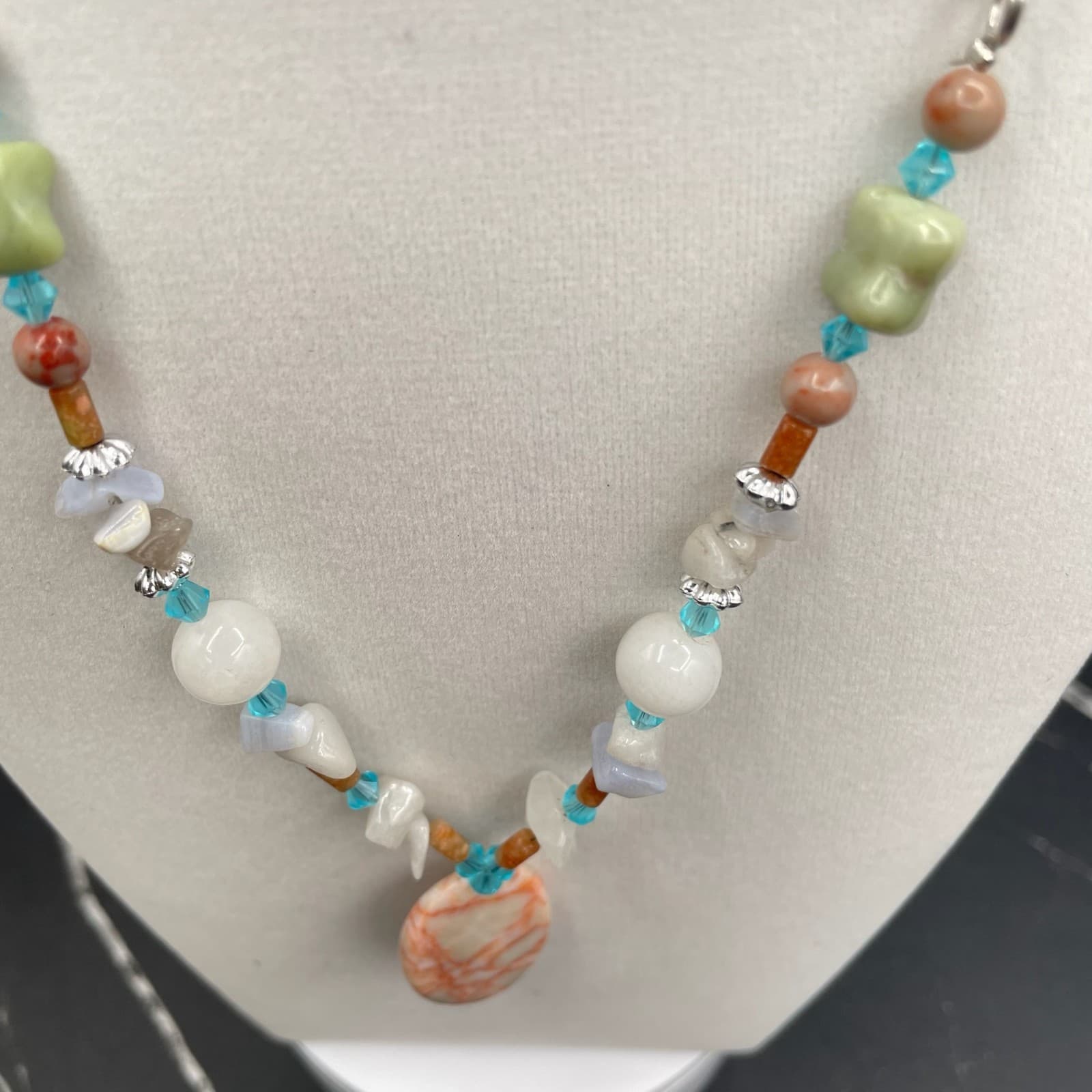 Vintage Multicolor Jasper Quartz Agate Gemstones Lobster Beaded Necklace - 11" - Thumbnail 7