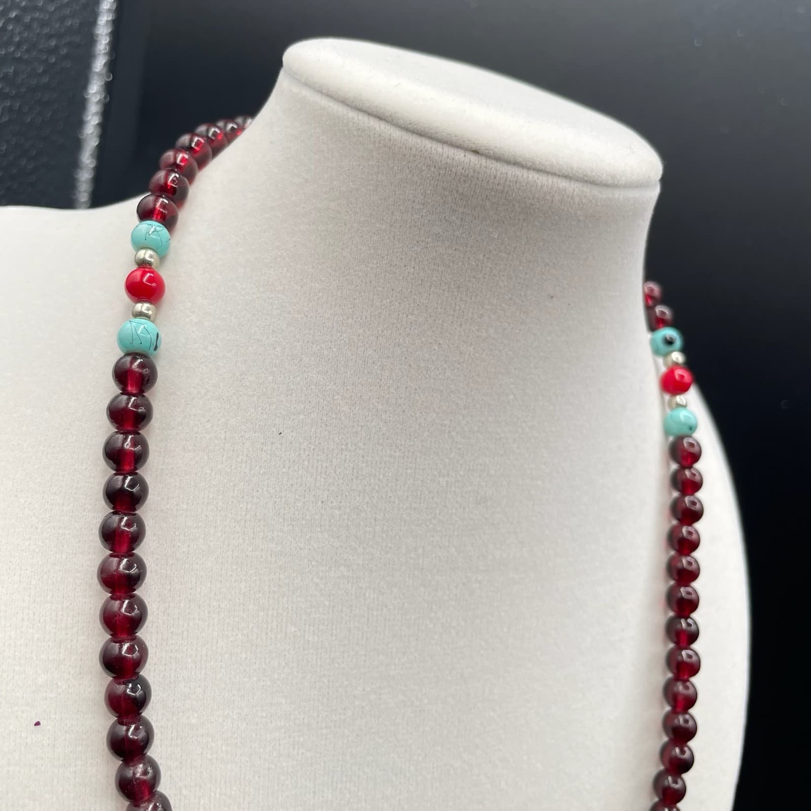 Vintage Red Silver Turquoise Round Beaded Necklace with Four Petal Silver Flower - Thumbnail 5