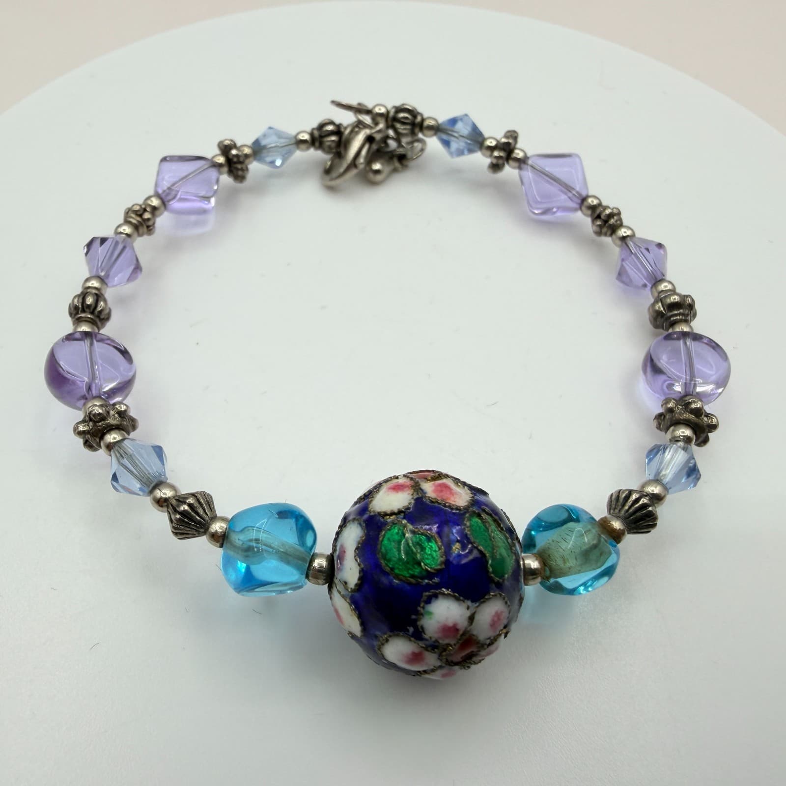Vintage 90s Lampwork Glass Floral Bead Bracelet Purple Blue Silver Tone Jewelry - Thumbnail 3