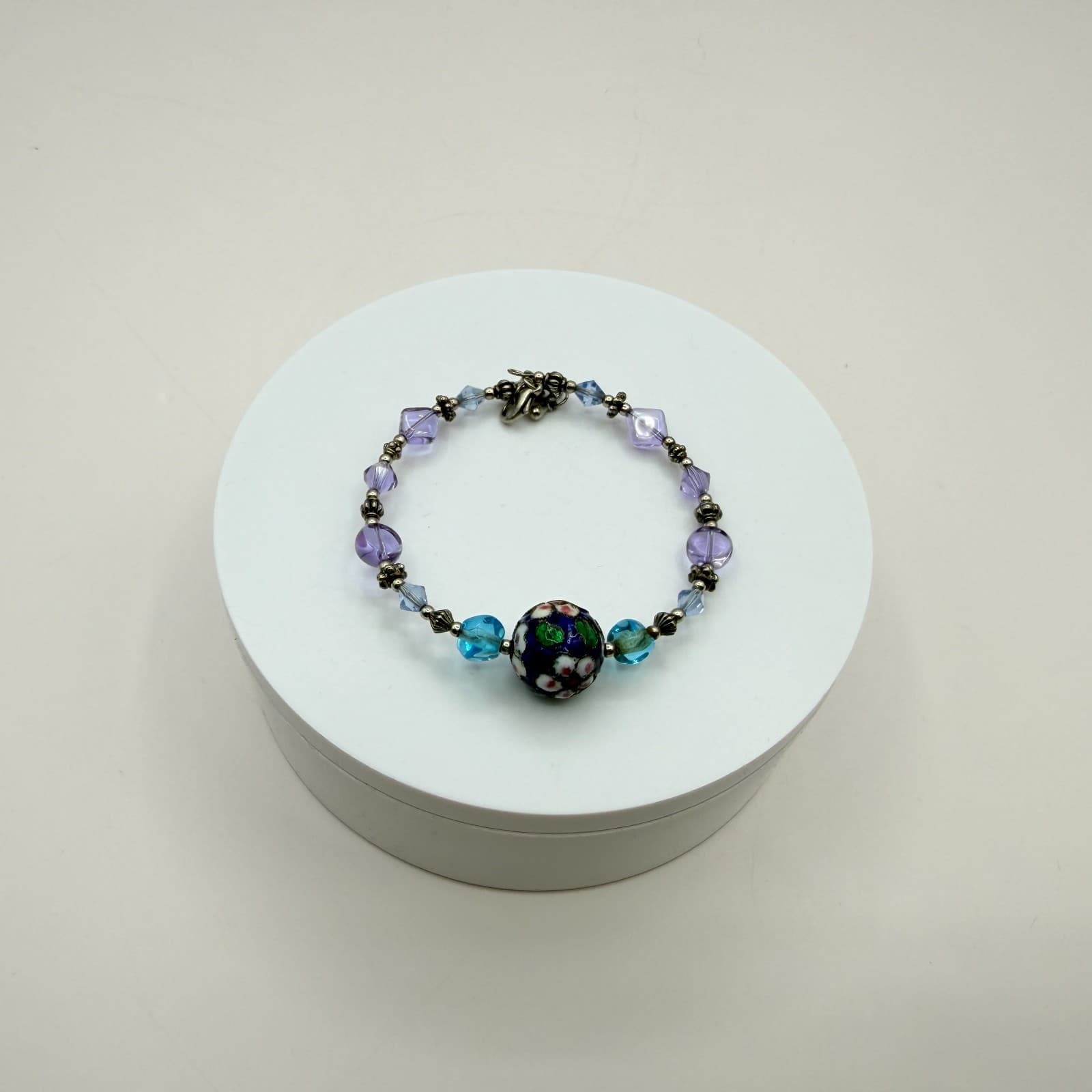 Vintage 90s Lampwork Glass Floral Bead Bracelet Purple Blue Silver Tone Jewelry - Thumbnail 7