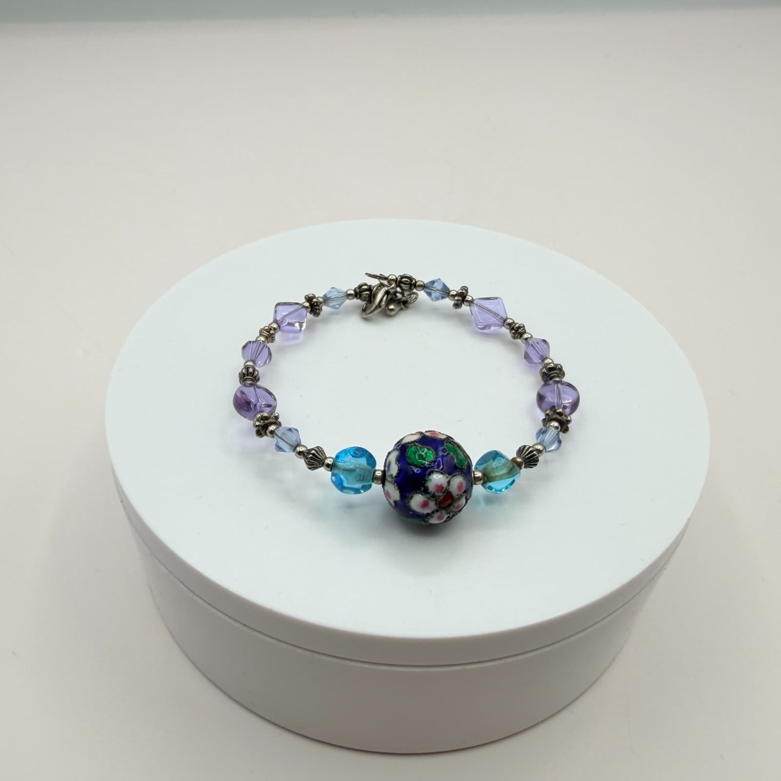 Vintage 90s Lampwork Glass Floral Bead Bracelet Purple Blue Silver Tone Jewelry - Thumbnail 6