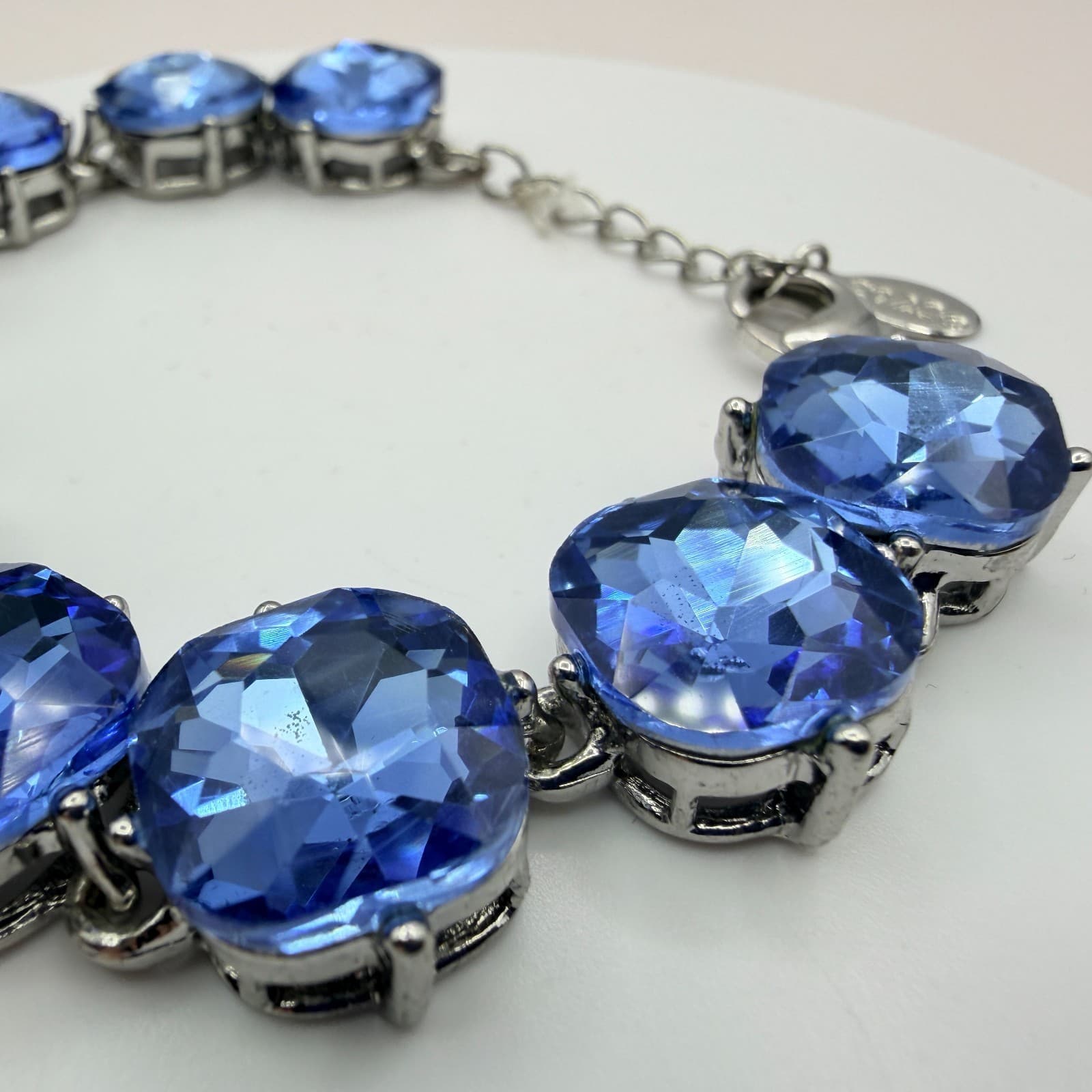 Vintage 90s Blue Cushion Cut Crystal Bracelet Silver Tone Rhodium Finish Jewelry - Thumbnail 4