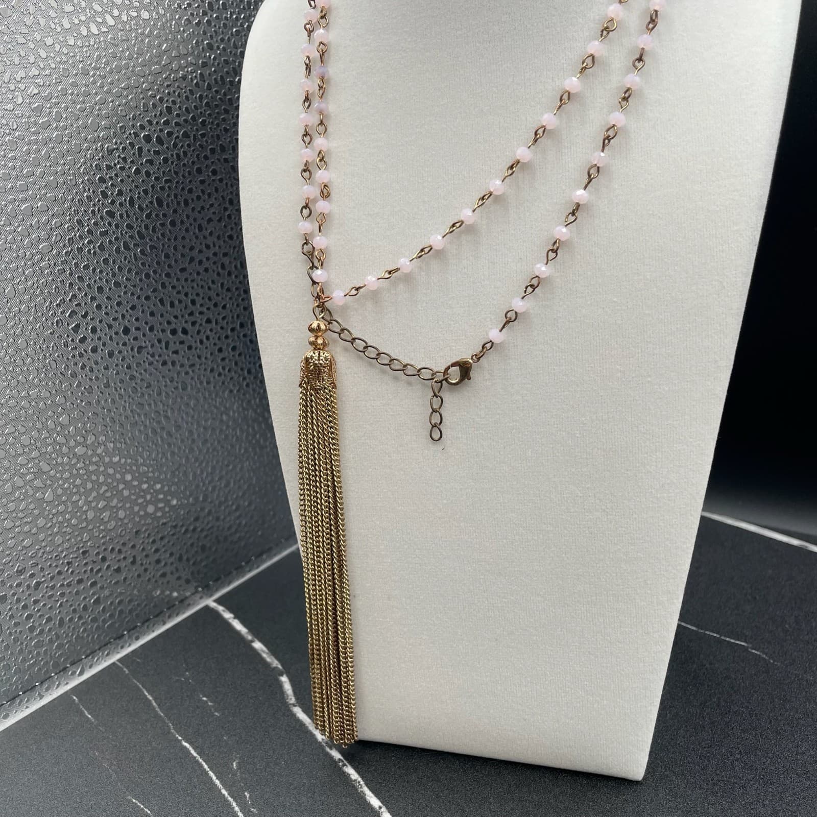 Vintage Gold-Tone Glass Beaded Lobster Claw Fashion Tassel Pendant Necklace - Thumbnail 7