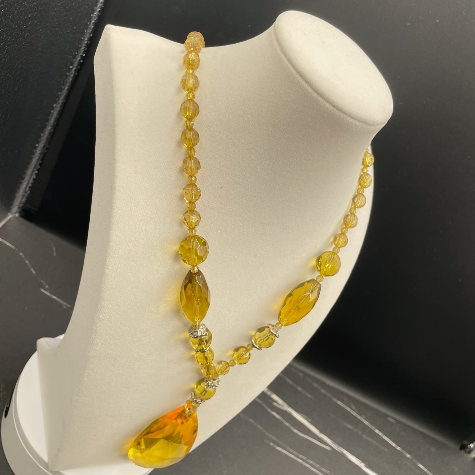 Vintage Amber Glass Silver-Tone Aluminium Lobster Classic Beaded Necklace - 17" - Thumbnail 4