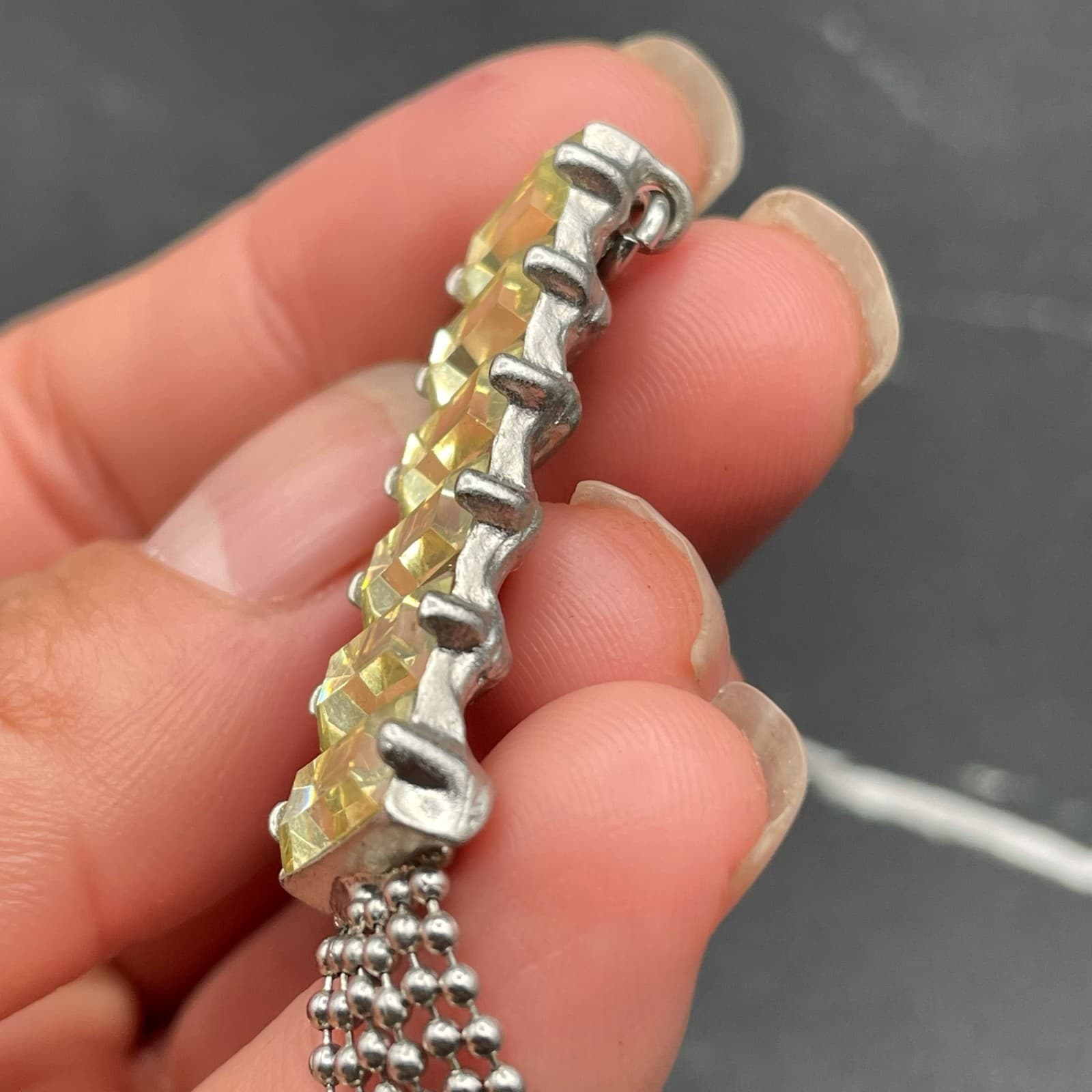 Vintage Yellow Green Glass Rhinestones Silver-Tone Classic Tassel Necklace - 20" - Thumbnail 15