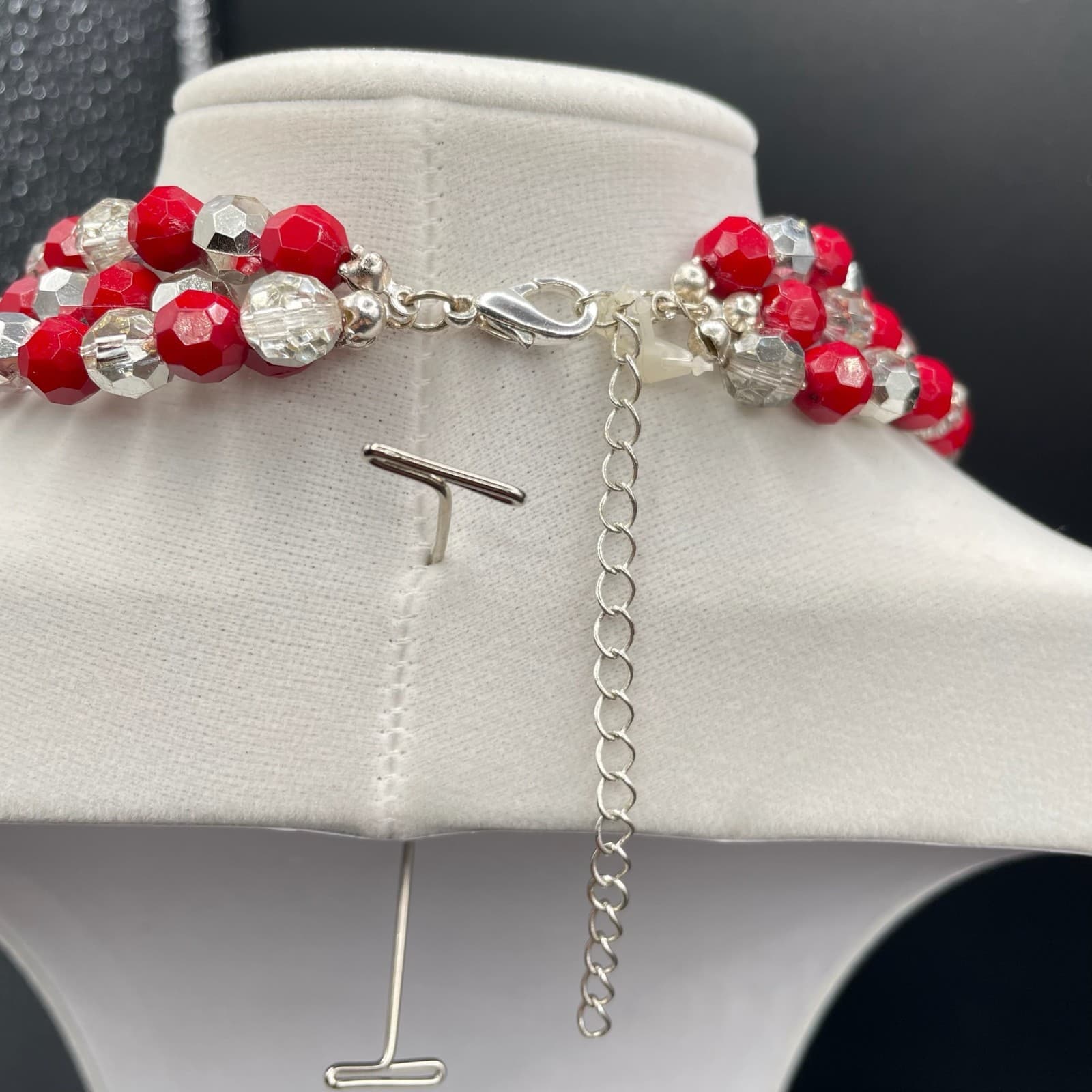 Vintage Red Clear Glass Faceted Beaded Classic Multi-Strand Collar Necklace - Thumbnail 8