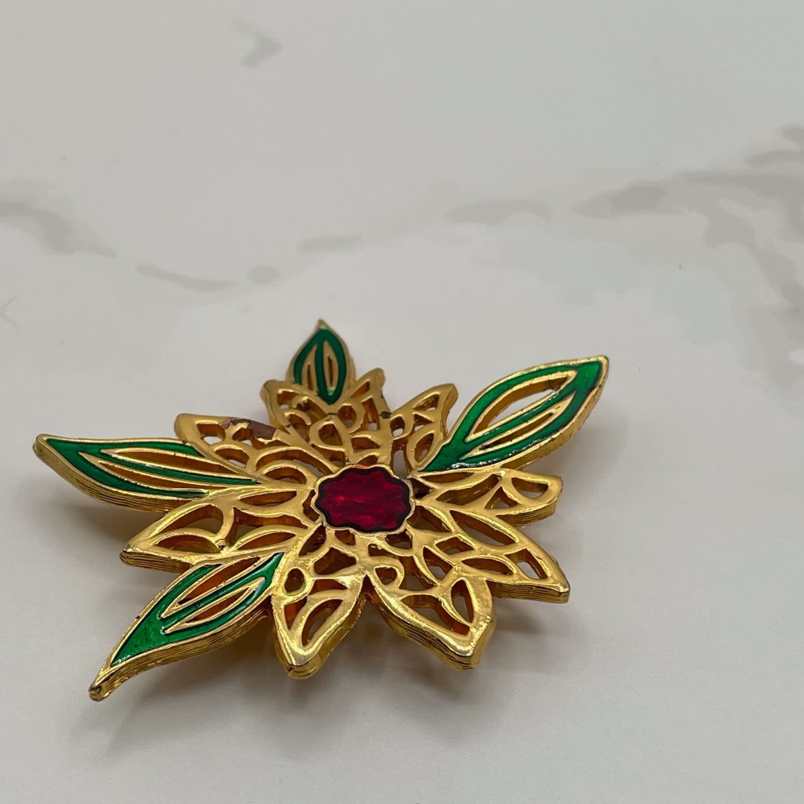 Vintage VTG Gold-Tone Poinsettia Flower Brooch Pin Green Red Enamel Leave - Thumbnail 11