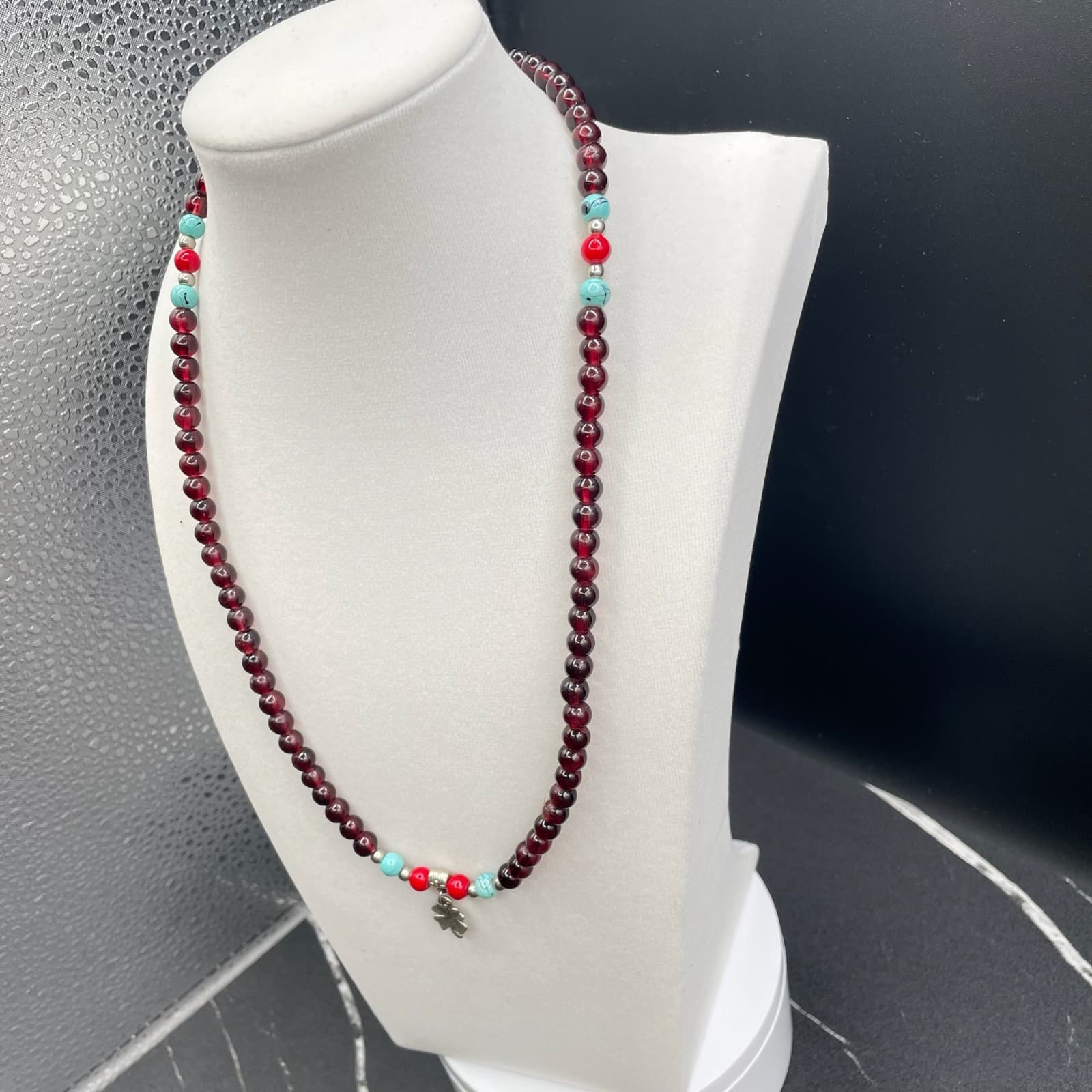 Vintage Red Silver Turquoise Round Beaded Necklace with Four Petal Silver Flower - Thumbnail 7