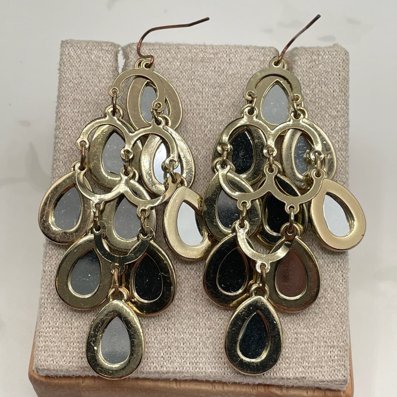 Vintage Gold-Tone Tiered Teardrop Chandelier Earrings with Faceted Clear Glass - Thumbnail 14