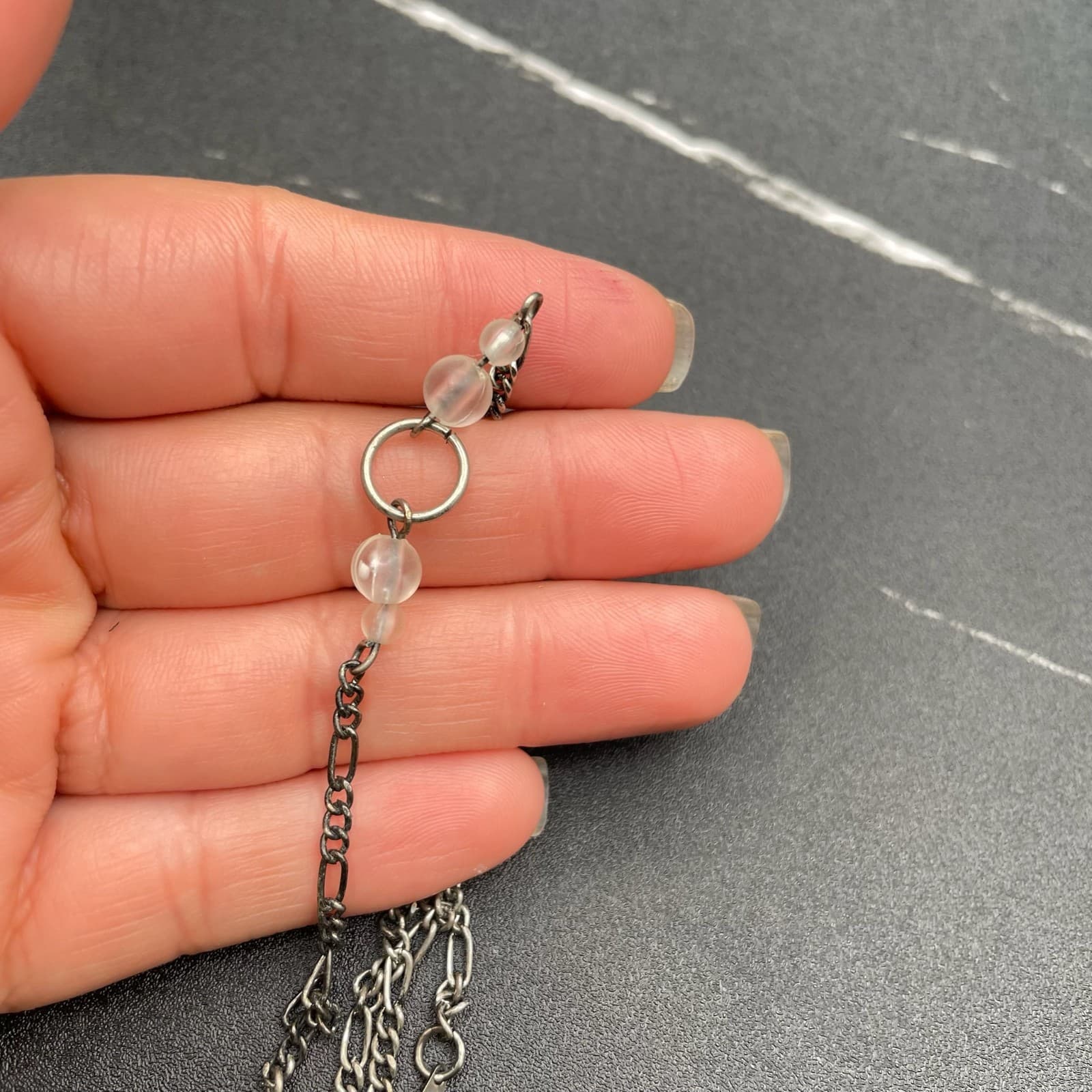 Vintage Silver-Tone Clear Beaded Fashion Romantic Lobster Chain Necklace - Thumbnail 2