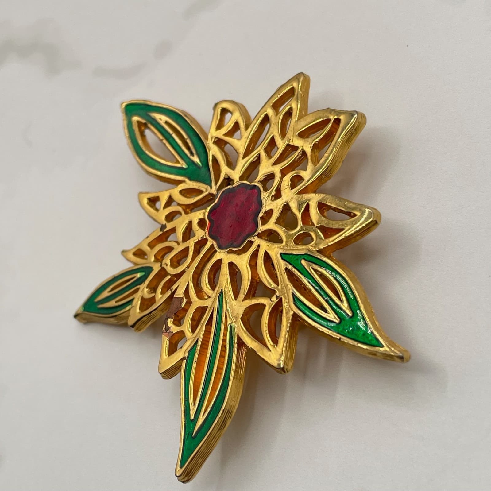 Vintage VTG Gold-Tone Poinsettia Flower Brooch Pin Green Red Enamel Leave - Thumbnail 8