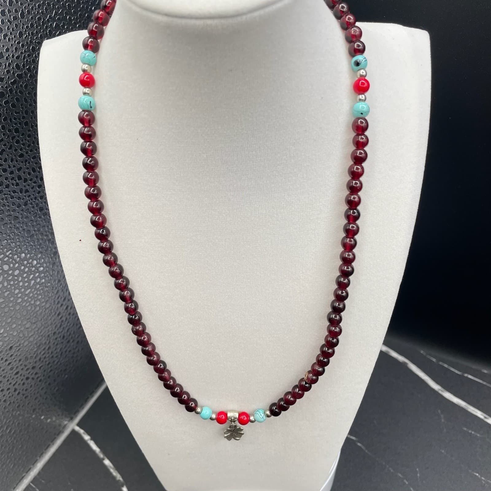 Vintage Red Silver Turquoise Round Beaded Necklace with Four Petal Silver Flower - Thumbnail 6