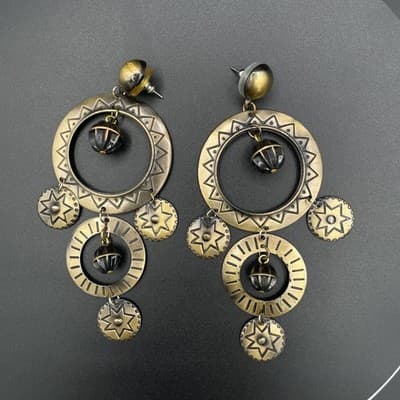 Vintage Bronze Tone Brass Finish Bohemian Star Dangle Drop Earrings - Thumbnail 5