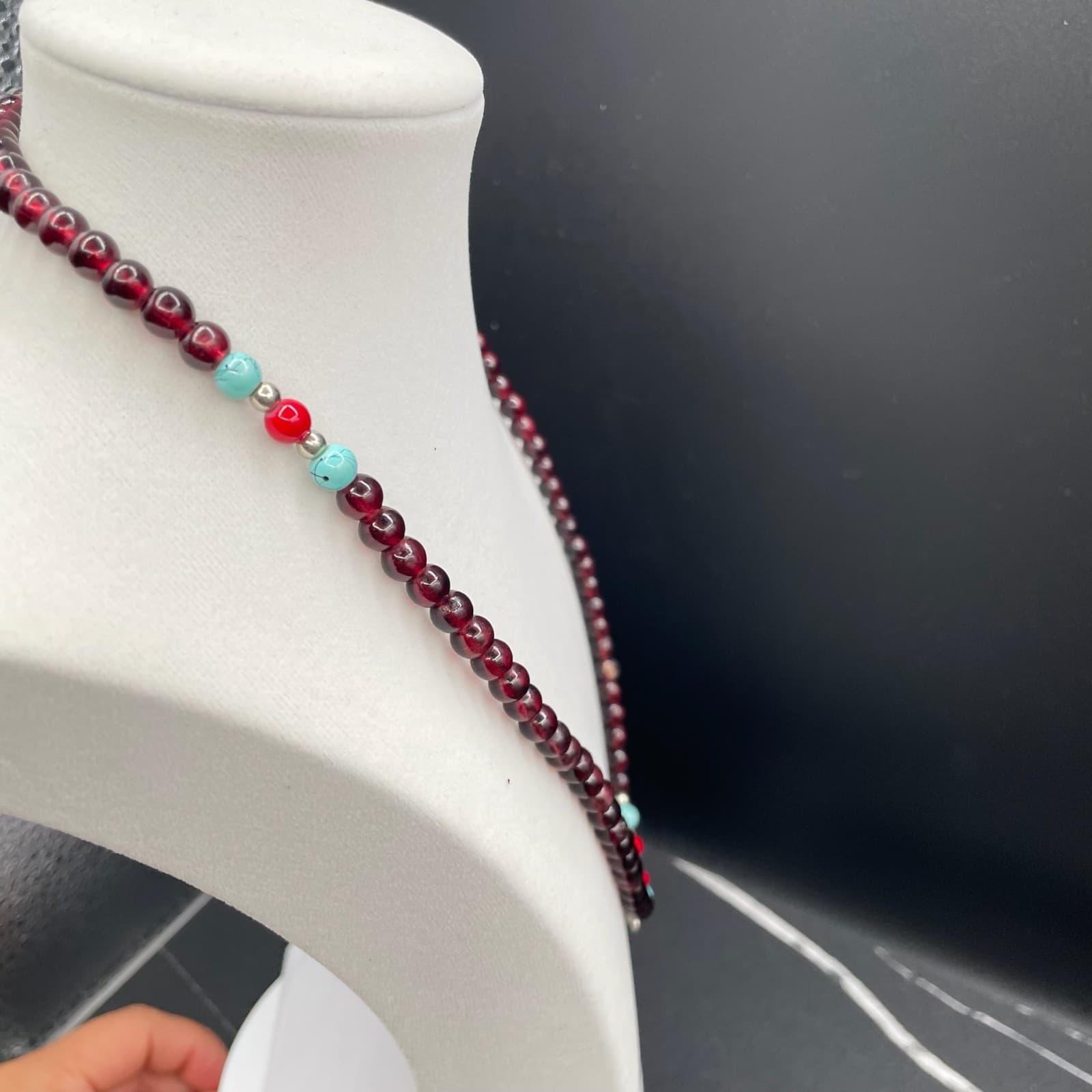 Vintage Red Silver Turquoise Round Beaded Necklace with Four Petal Silver Flower - Thumbnail 8