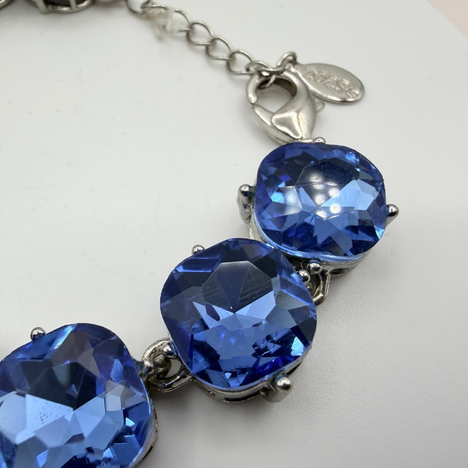 Vintage 90s Blue Cushion Cut Crystal Bracelet Silver Tone Rhodium Finish Jewelry - Thumbnail 5
