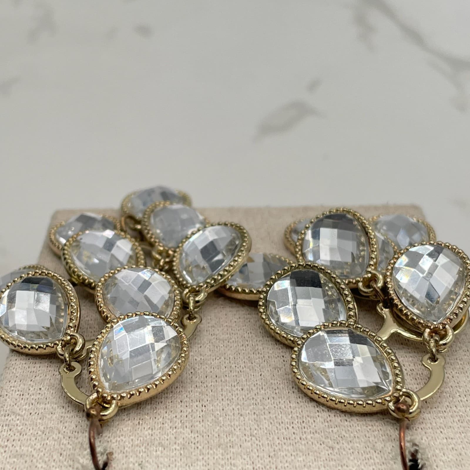 Vintage Gold-Tone Tiered Teardrop Chandelier Earrings with Faceted Clear Glass - Thumbnail 10