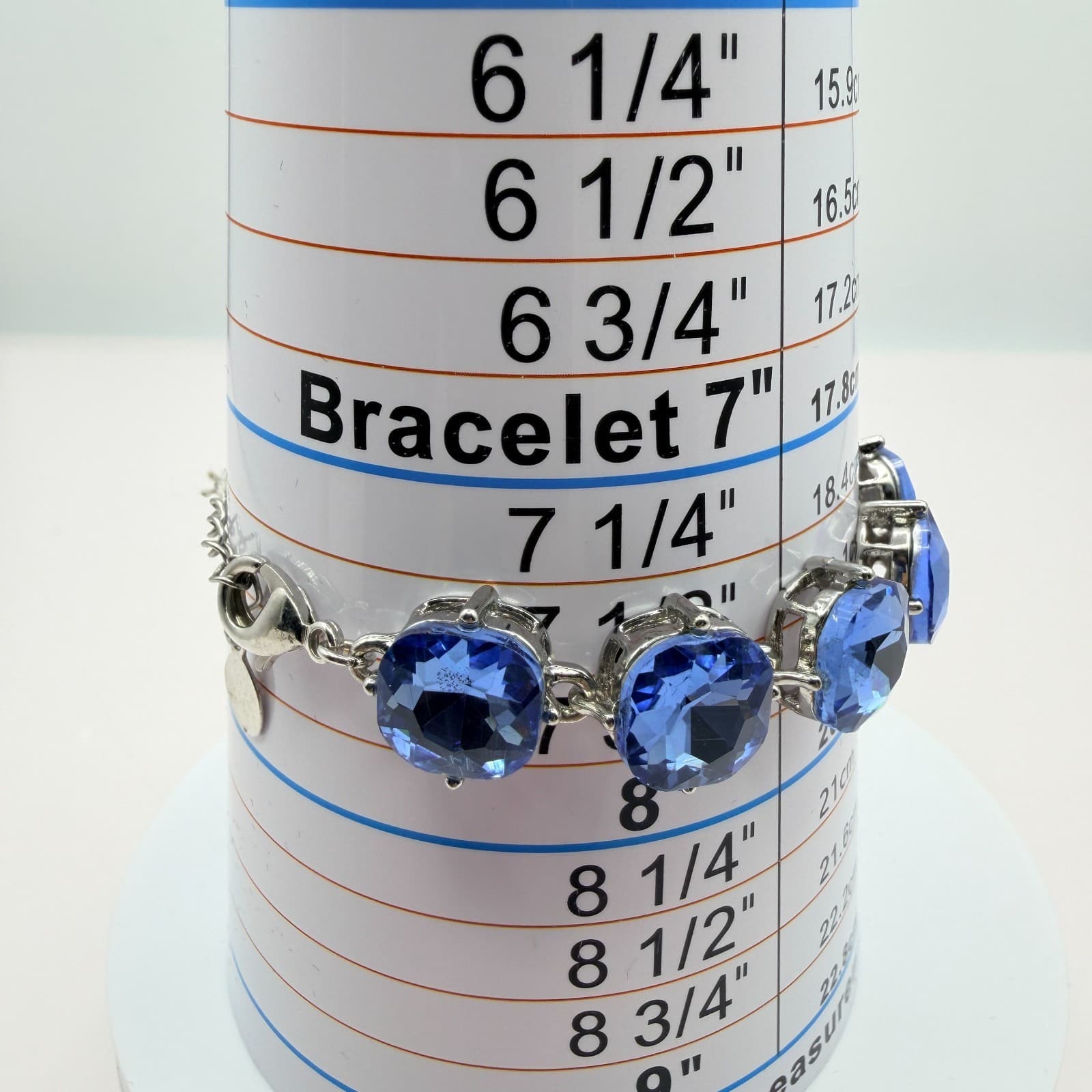 Vintage 90s Blue Cushion Cut Crystal Bracelet Silver Tone Rhodium Finish Jewelry - Thumbnail 10