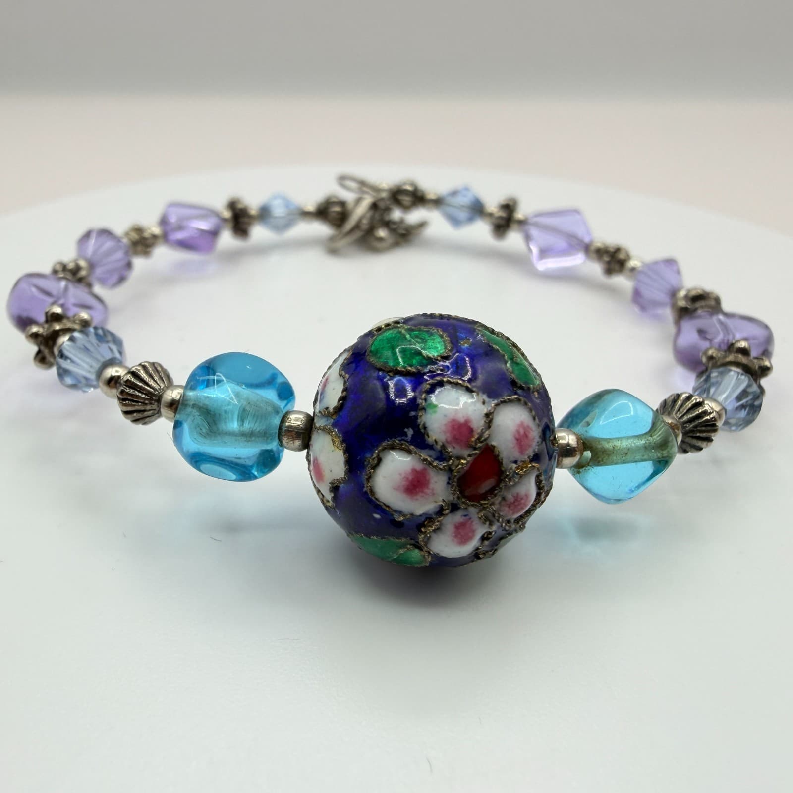 Vintage 90s Lampwork Glass Floral Bead Bracelet Purple Blue Silver Tone Jewelry - Thumbnail 4