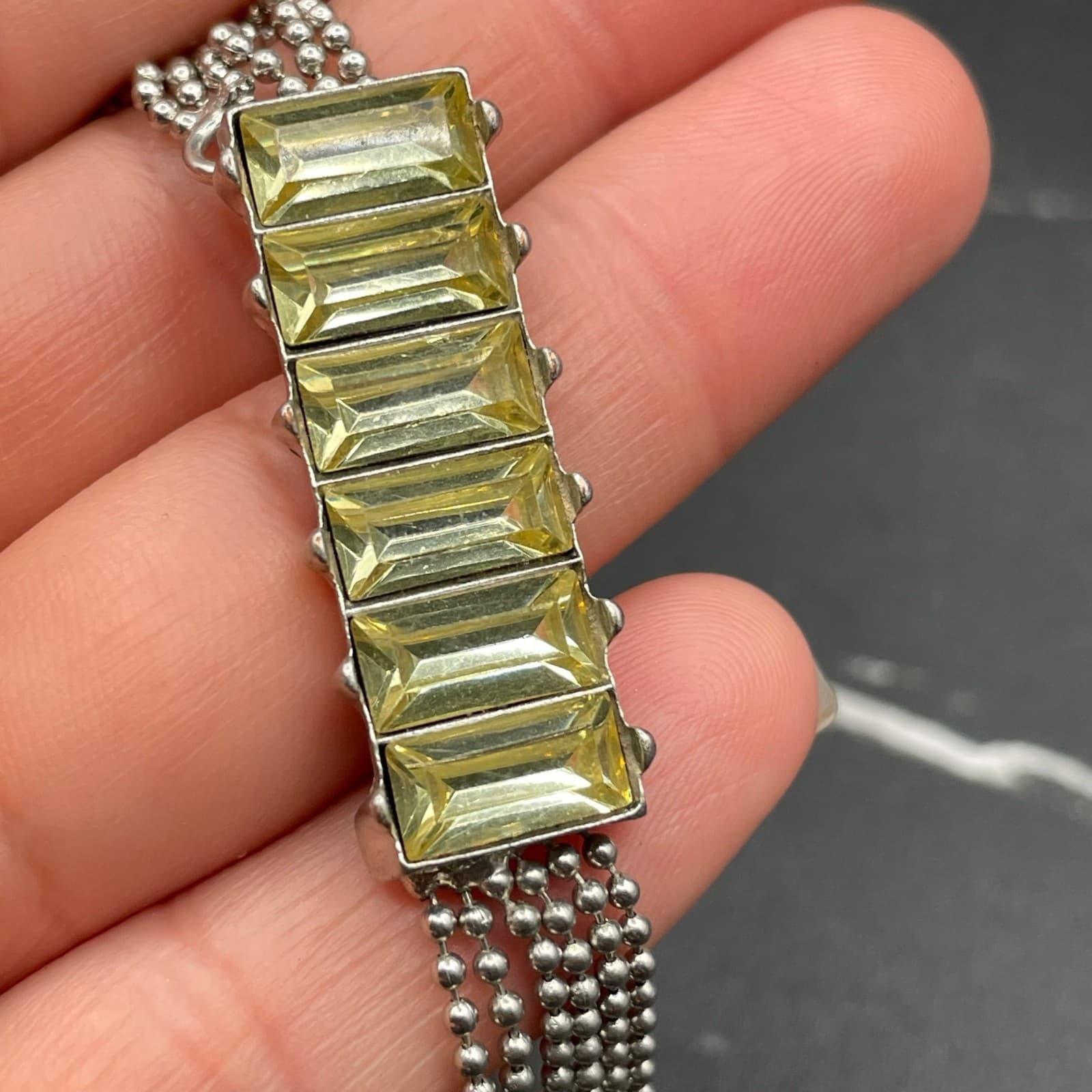 Vintage Yellow Green Glass Rhinestones Silver-Tone Classic Tassel Necklace - 20" - Thumbnail 14