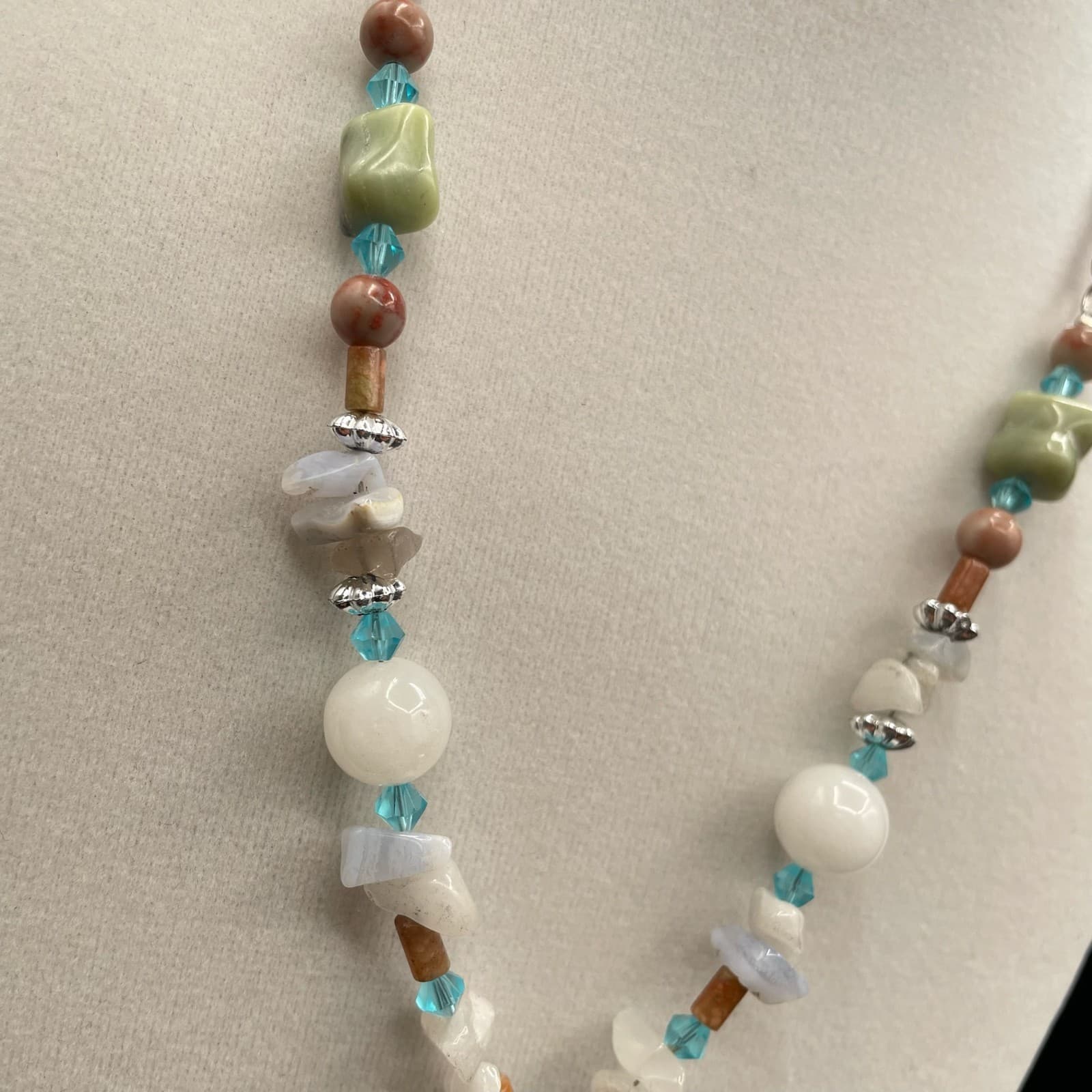 Vintage Multicolor Jasper Quartz Agate Gemstones Lobster Beaded Necklace - 11" - Thumbnail 6