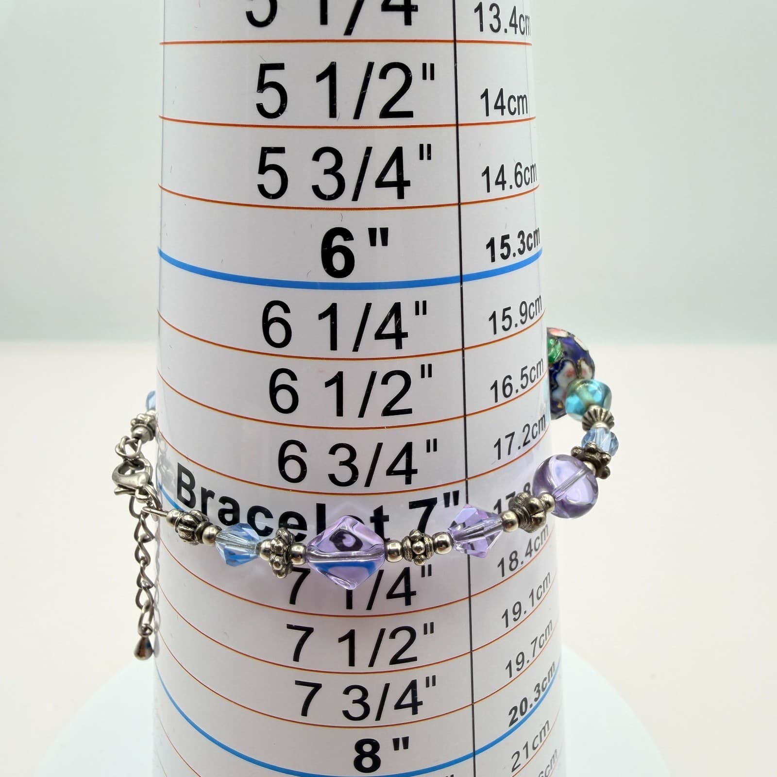 Vintage 90s Lampwork Glass Floral Bead Bracelet Purple Blue Silver Tone Jewelry - Thumbnail 10