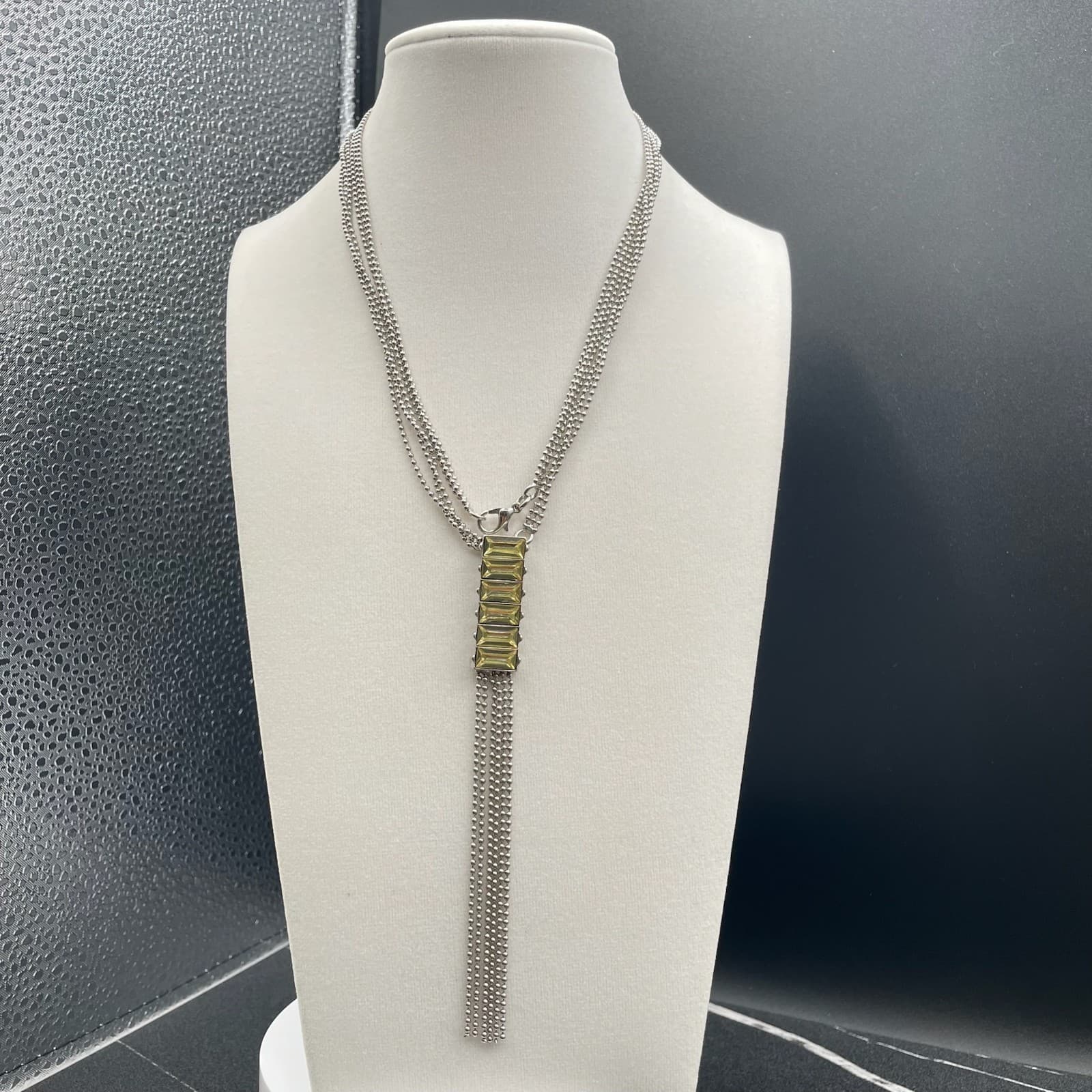 Vintage Yellow Green Glass Rhinestones Silver-Tone Classic Tassel Necklace - 20" - Thumbnail 5