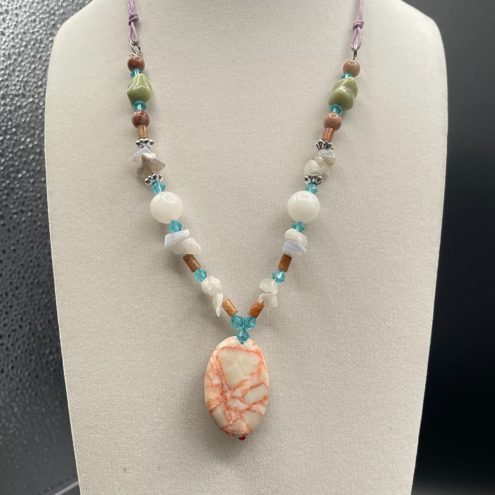 Vintage Multicolor Jasper Quartz Agate Gemstones Lobster Beaded Necklace - 11" - Thumbnail 2