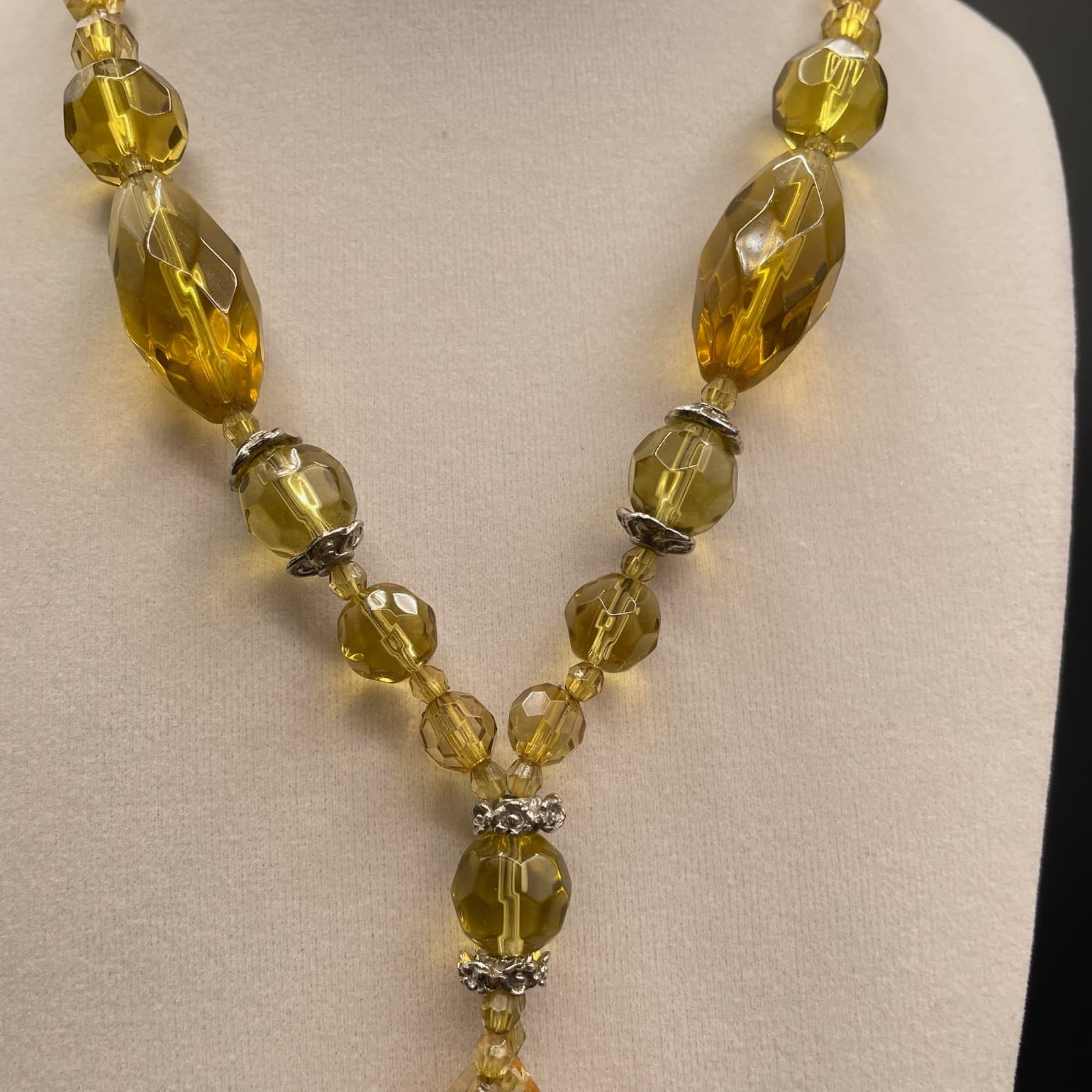 Vintage Amber Glass Silver-Tone Aluminium Lobster Classic Beaded Necklace - 17" - Thumbnail 7