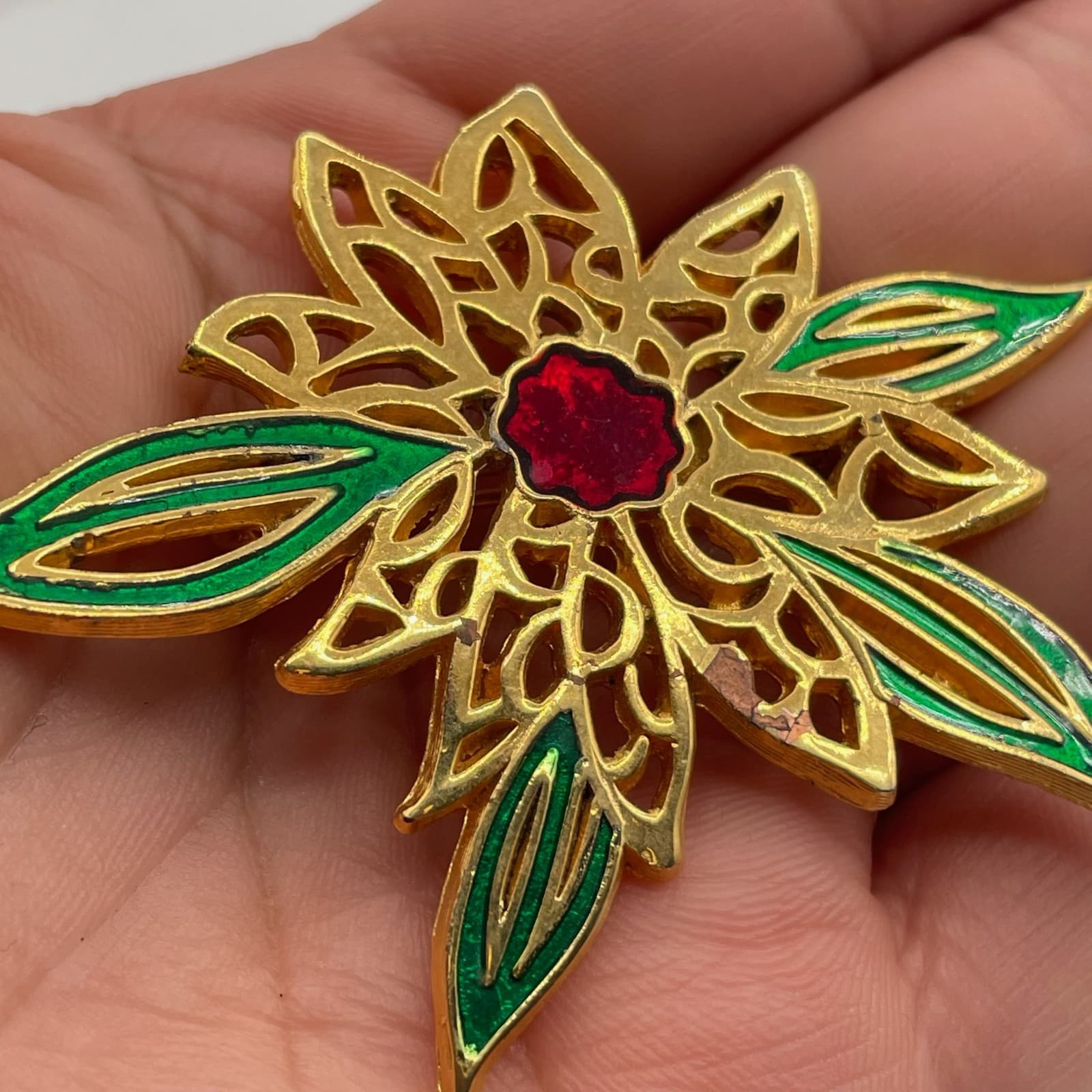 Vintage VTG Gold-Tone Poinsettia Flower Brooch Pin Green Red Enamel Leave - Thumbnail 13