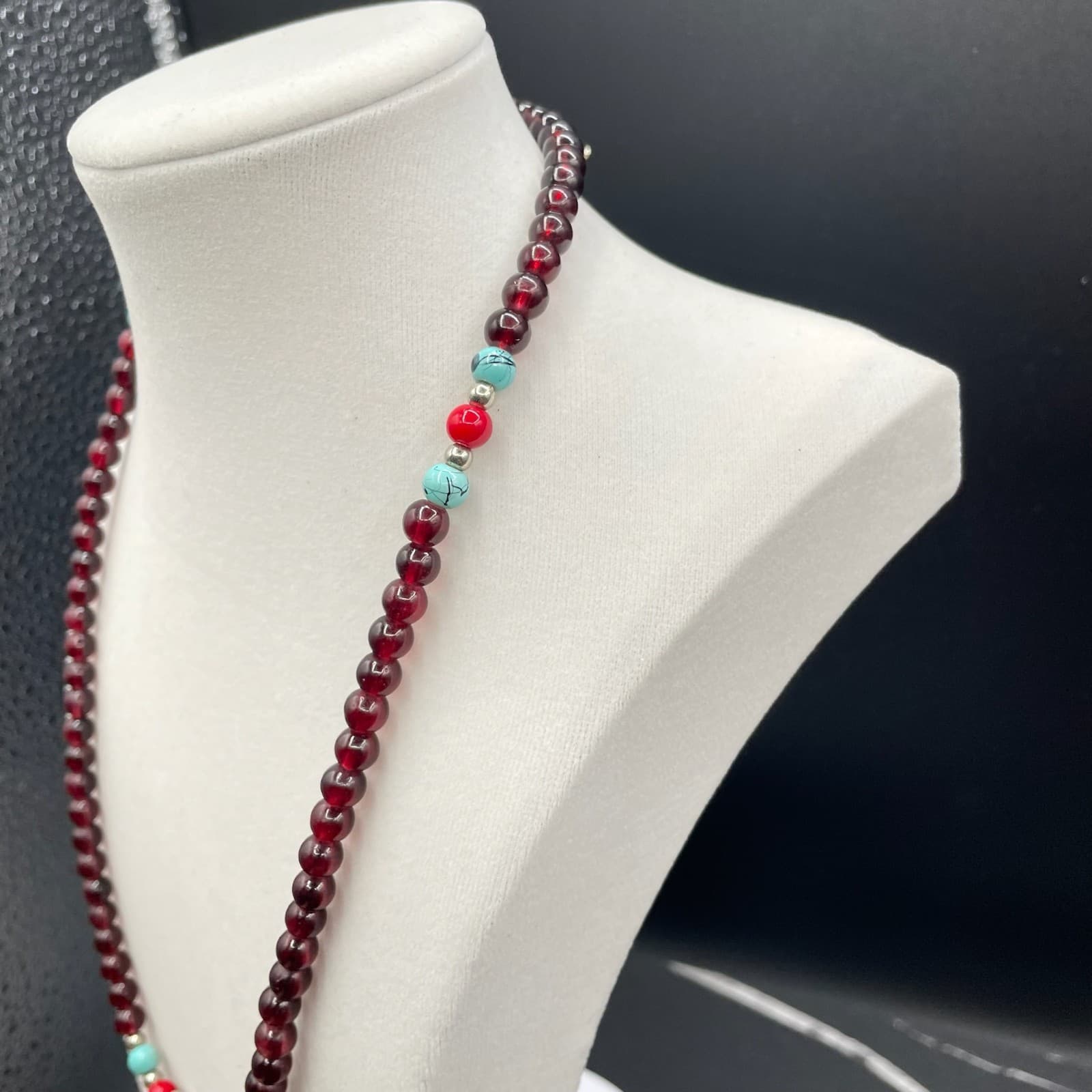 Vintage Red Silver Turquoise Round Beaded Necklace with Four Petal Silver Flower - Thumbnail 10