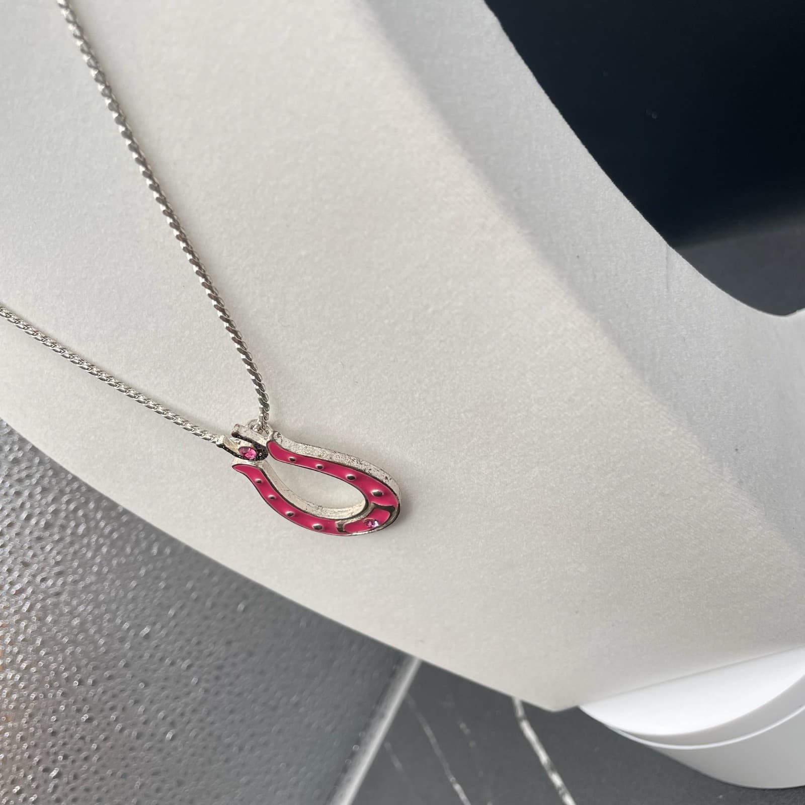 Vintage French Cut Pink Silver Lacquer Aluminium Horseshoe Lobster Charm Pendant - Thumbnail 3