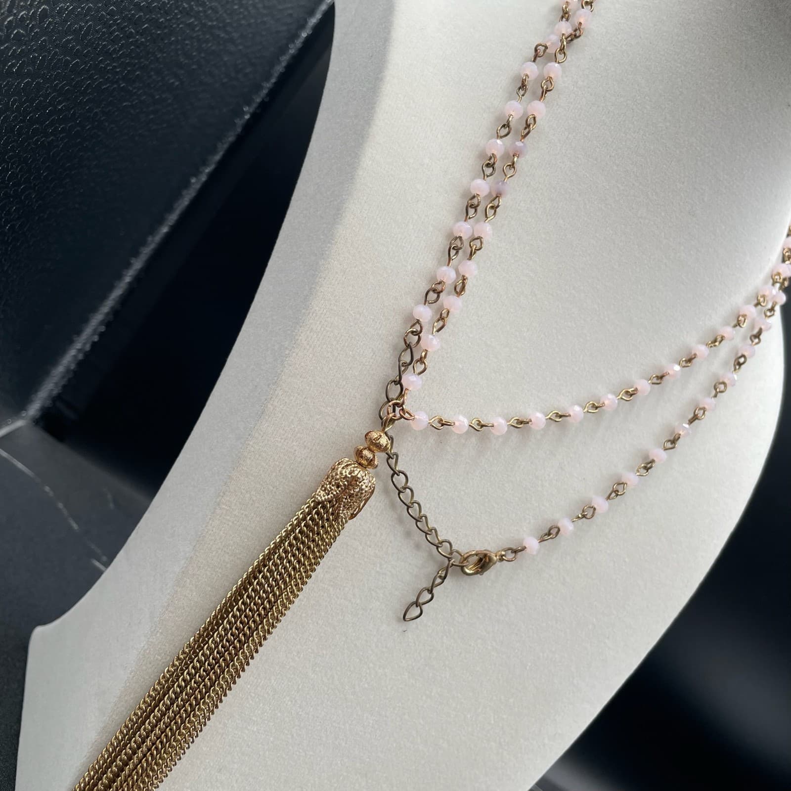 Vintage Gold-Tone Glass Beaded Lobster Claw Fashion Tassel Pendant Necklace - Thumbnail 9