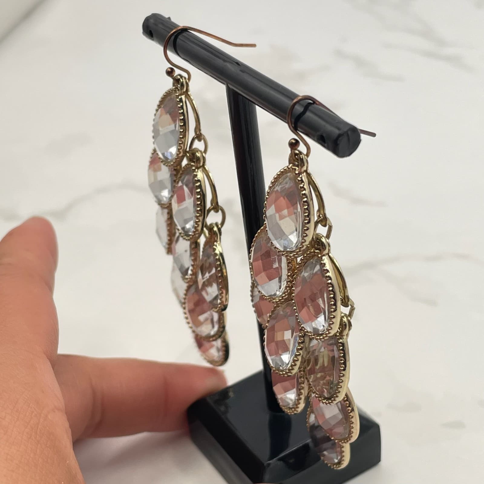 Vintage Gold-Tone Tiered Teardrop Chandelier Earrings with Faceted Clear Glass - Thumbnail 17