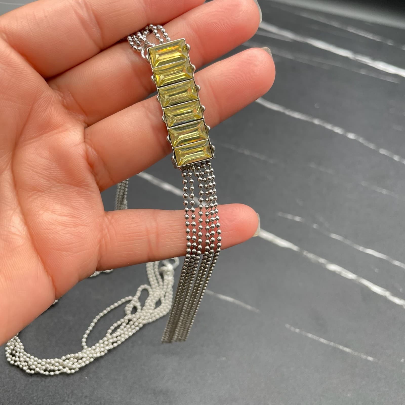 Vintage Yellow Green Glass Rhinestones Silver-Tone Classic Tassel Necklace - 20" - Thumbnail 13