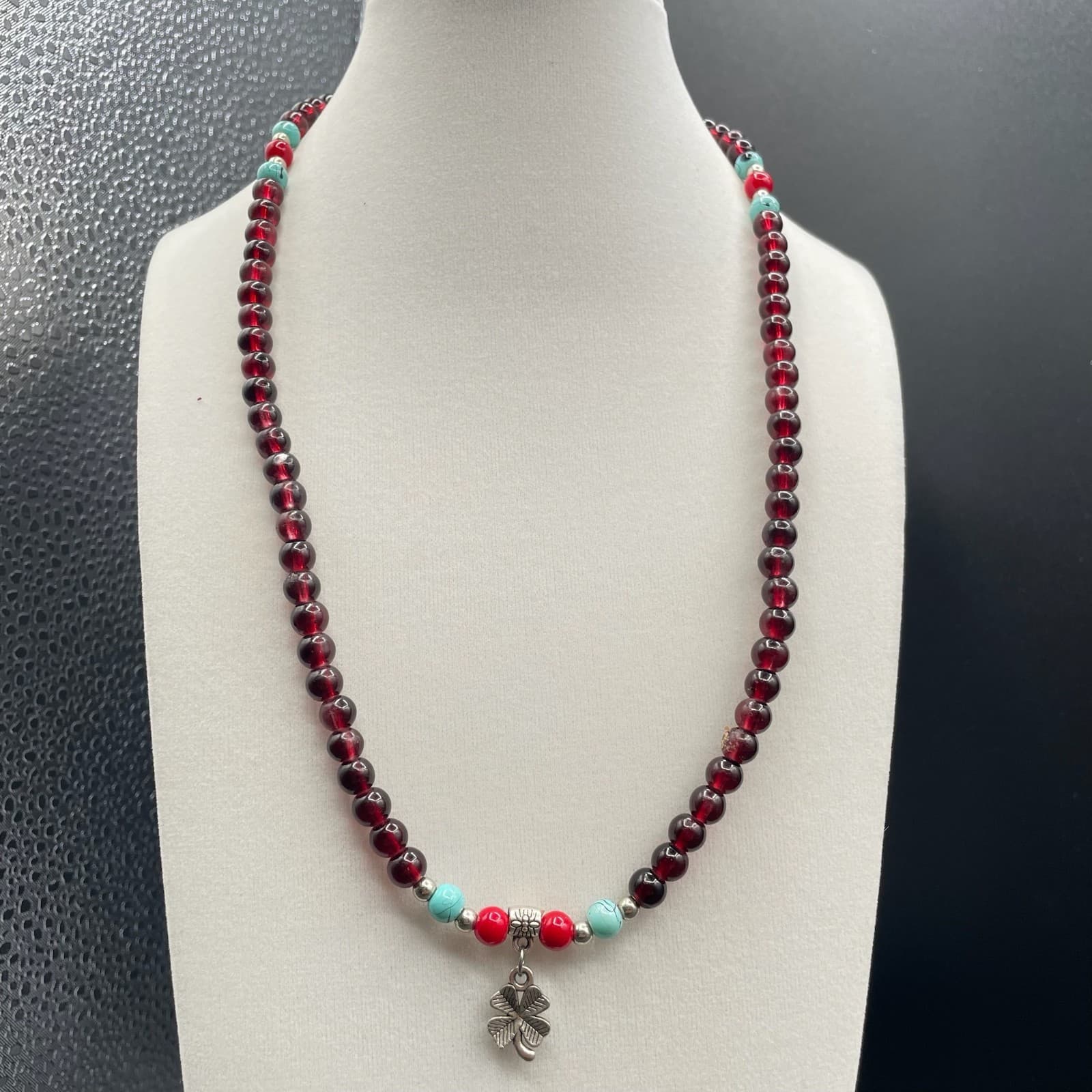 Vintage Red Silver Turquoise Round Beaded Necklace with Four Petal Silver Flower - Thumbnail 3
