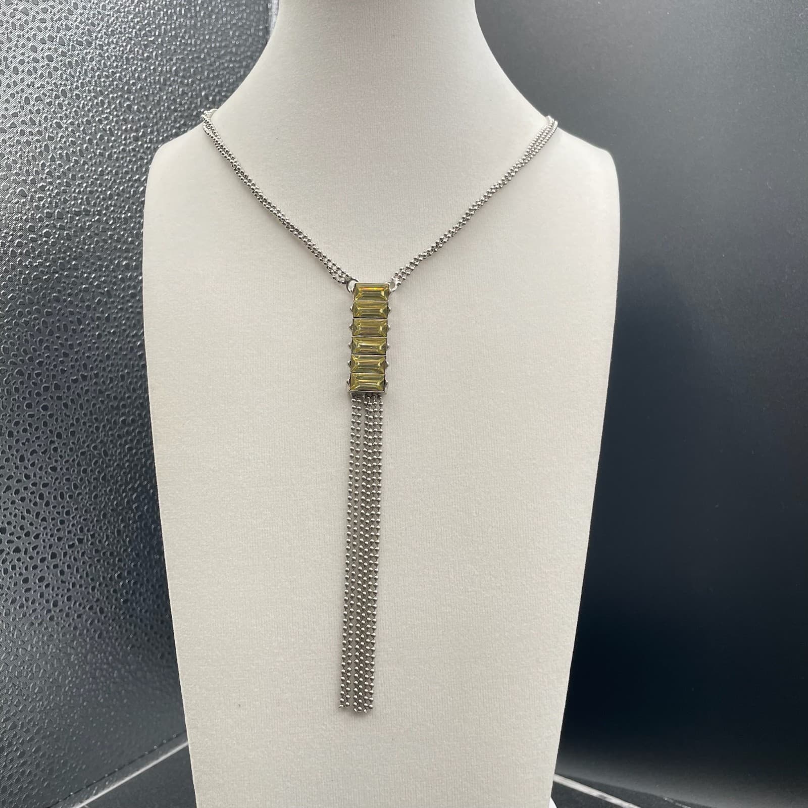 Vintage Yellow Green Glass Rhinestones Silver-Tone Classic Tassel Necklace - 20" - Image 1