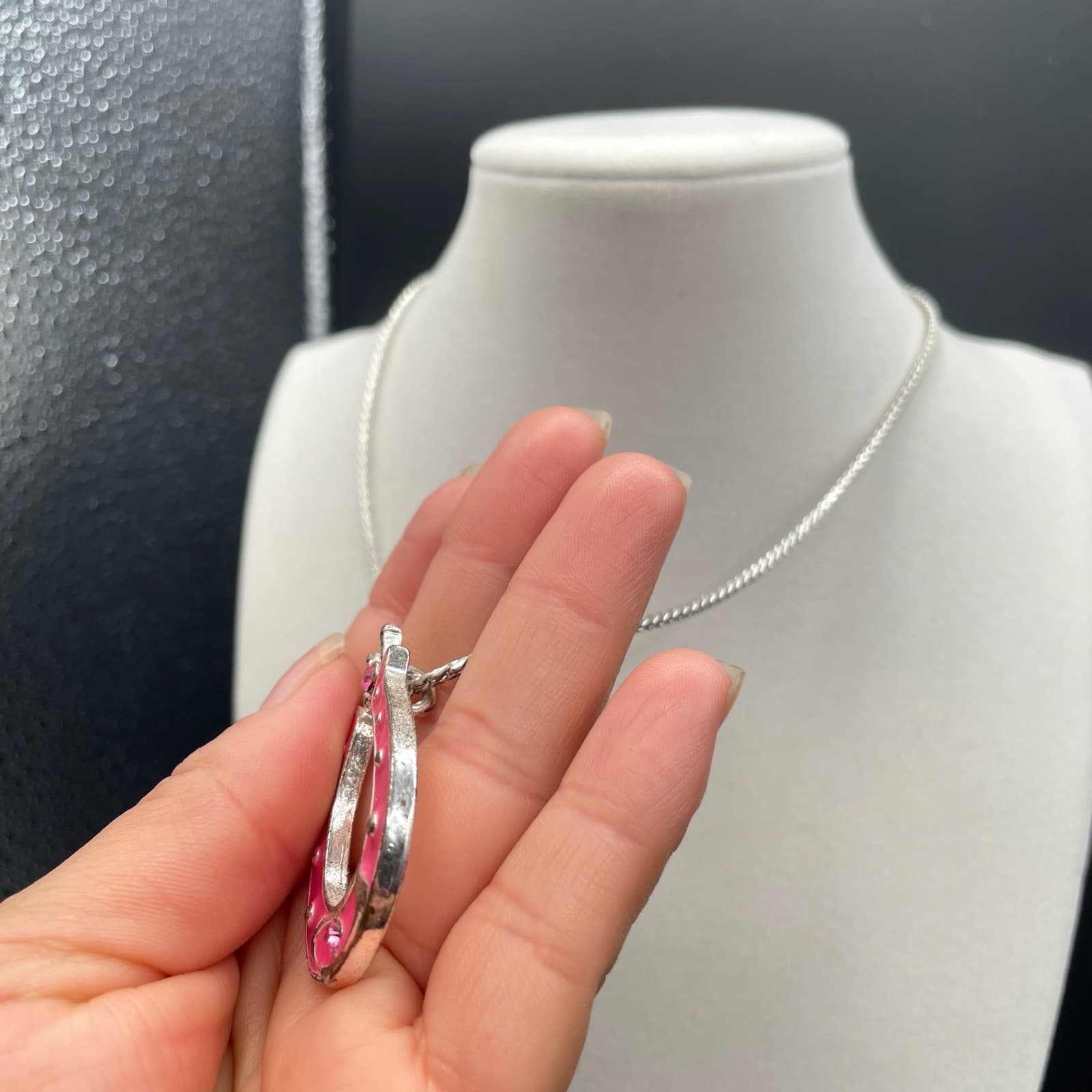 Vintage French Cut Pink Silver Lacquer Aluminium Horseshoe Lobster Charm Pendant - Thumbnail 8
