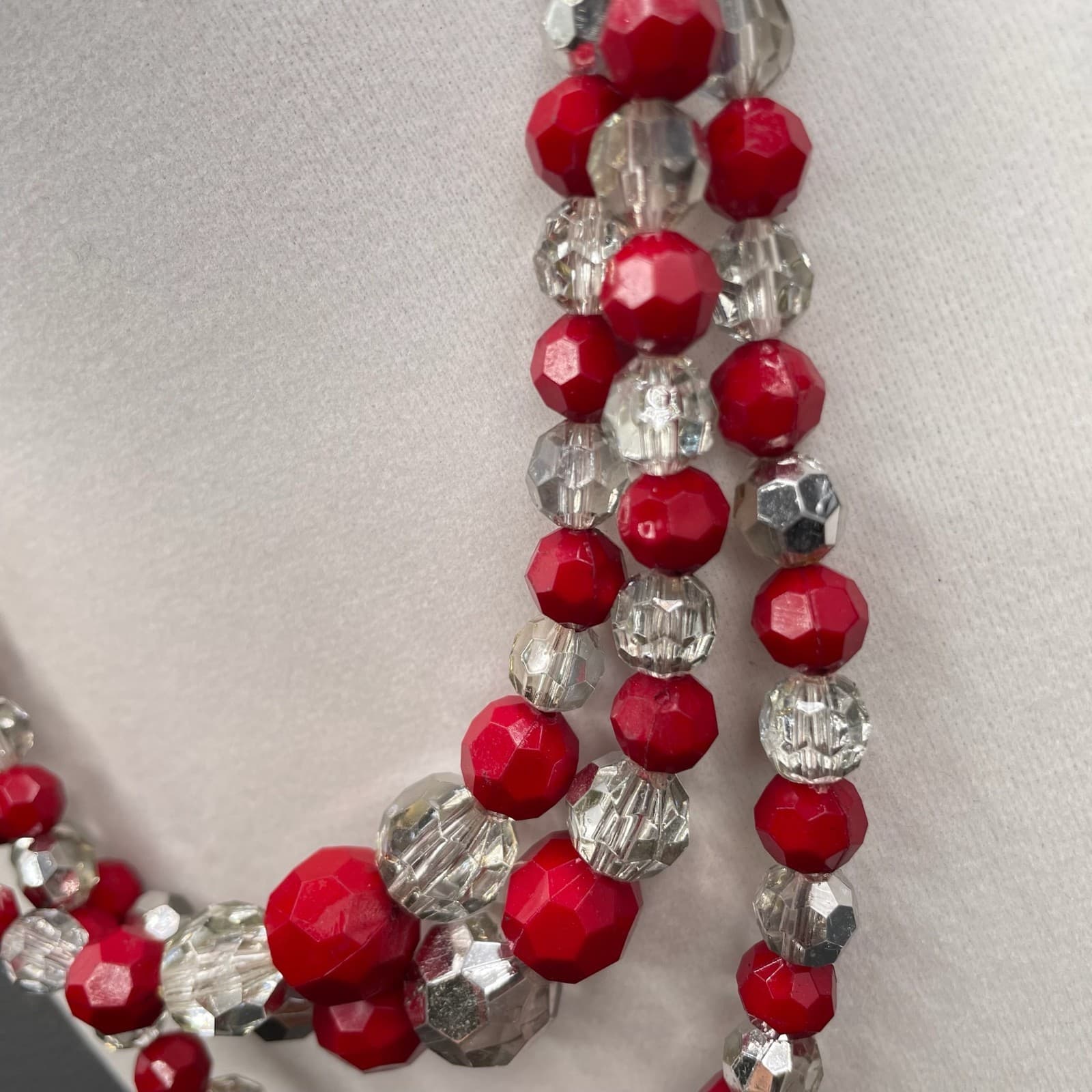 Vintage Red Clear Glass Faceted Beaded Classic Multi-Strand Collar Necklace - Thumbnail 5