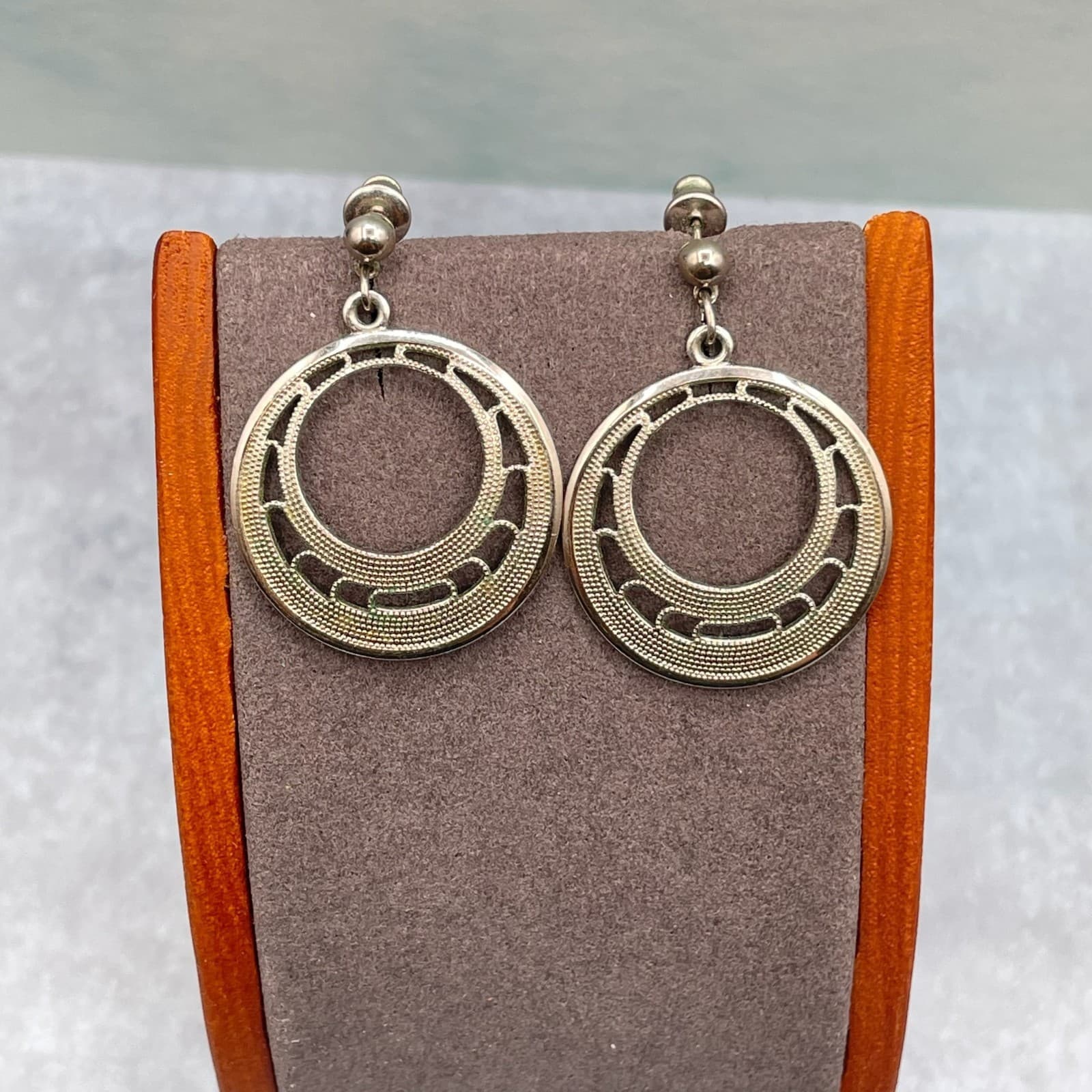 Vintage Silver Tone Cutout Textured Round Hoop Dangle Modern Post Stud Drop - Image 1