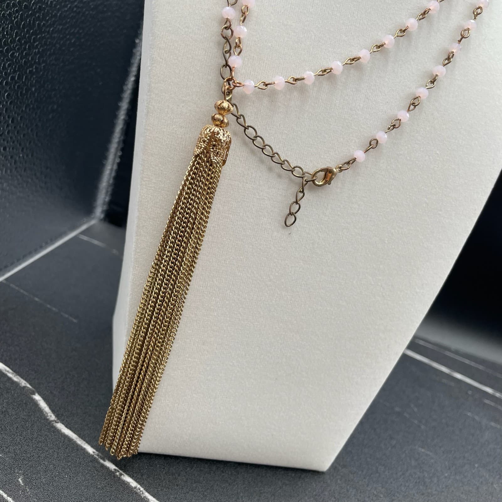 Vintage Gold-Tone Glass Beaded Lobster Claw Fashion Tassel Pendant Necklace - Thumbnail 8