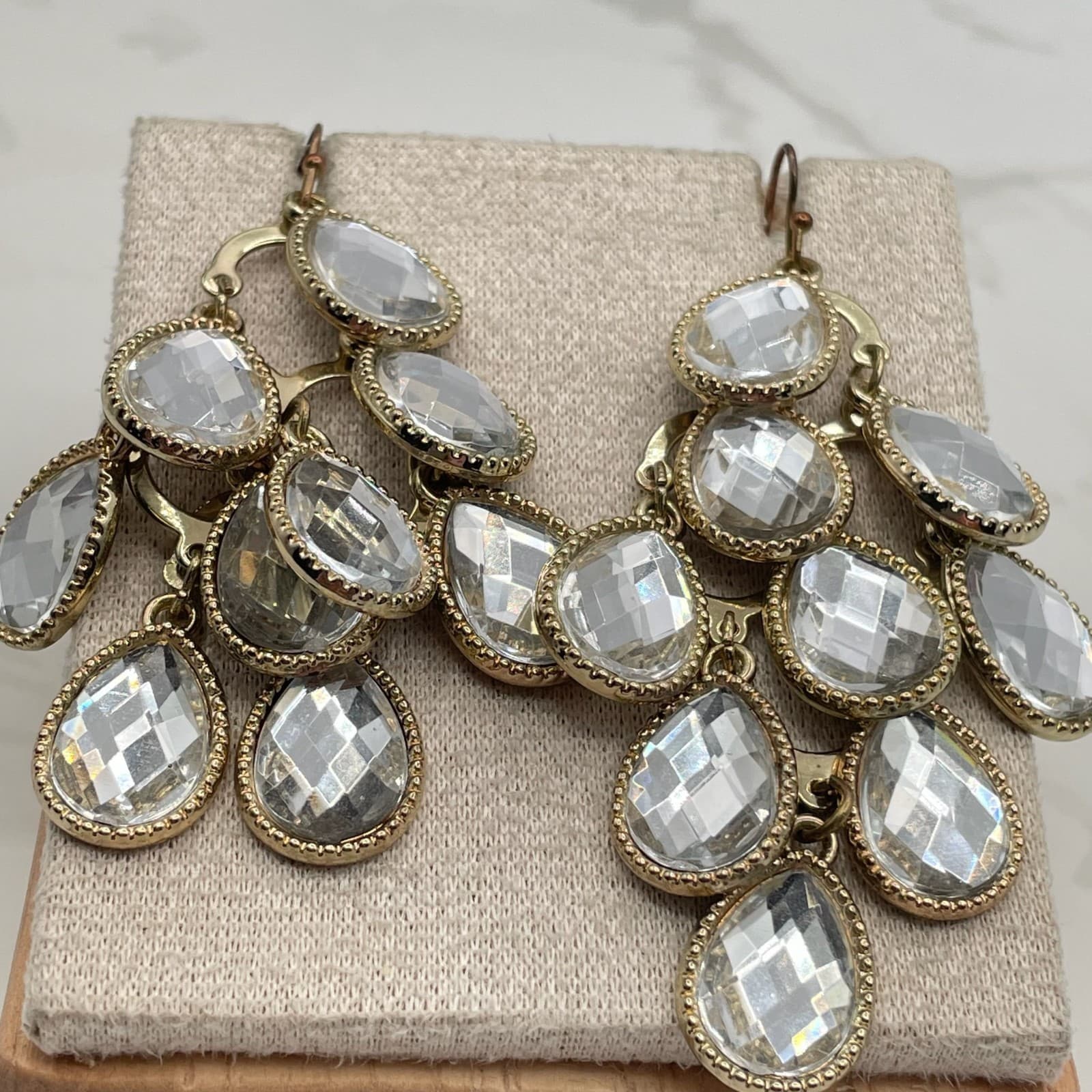 Vintage Gold-Tone Tiered Teardrop Chandelier Earrings with Faceted Clear Glass - Thumbnail 6