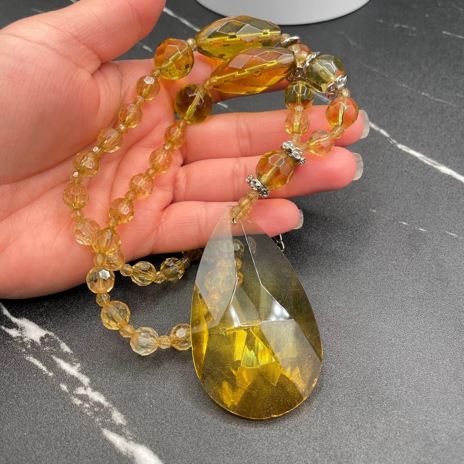 Vintage Amber Glass Silver-Tone Aluminium Lobster Classic Beaded Necklace - 17" - Thumbnail 17