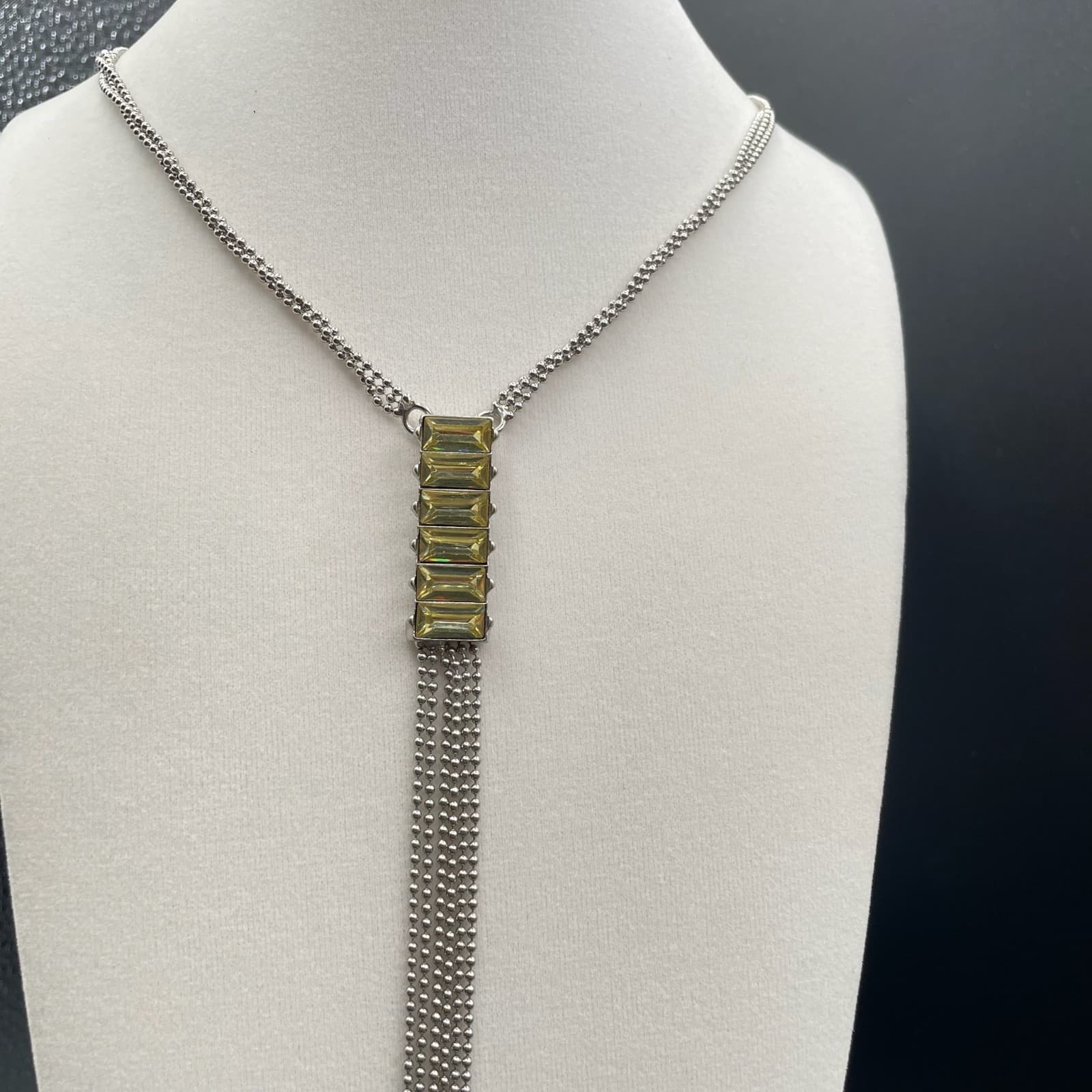 Vintage Yellow Green Glass Rhinestones Silver-Tone Classic Tassel Necklace - 20" - Thumbnail 2