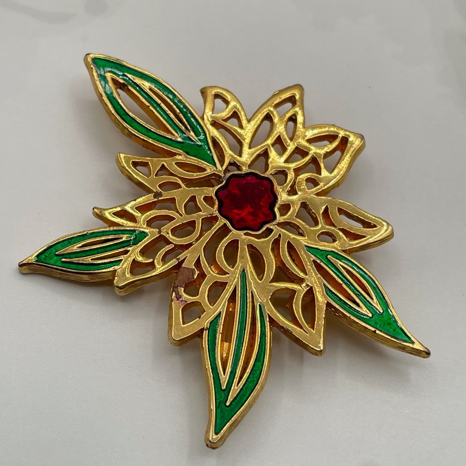 Vintage VTG Gold-Tone Poinsettia Flower Brooch Pin Green Red Enamel Leave - Thumbnail 5