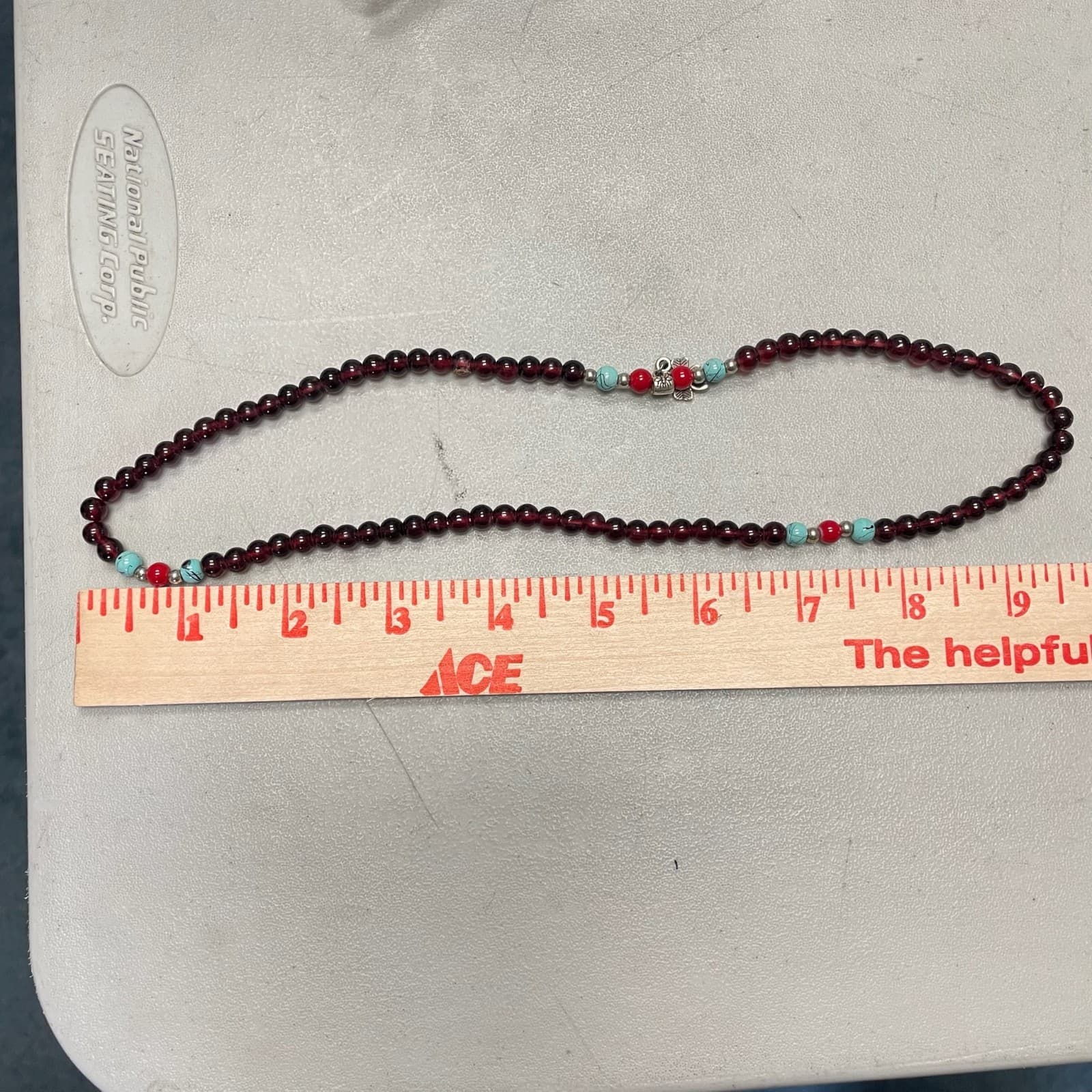 Vintage Red Silver Turquoise Round Beaded Necklace with Four Petal Silver Flower - Thumbnail 2