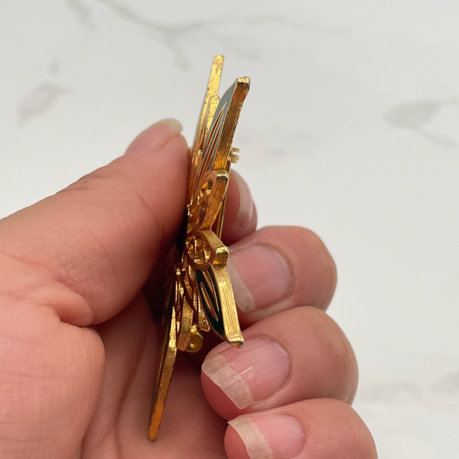 Vintage VTG Gold-Tone Poinsettia Flower Brooch Pin Green Red Enamel Leave - Thumbnail 15