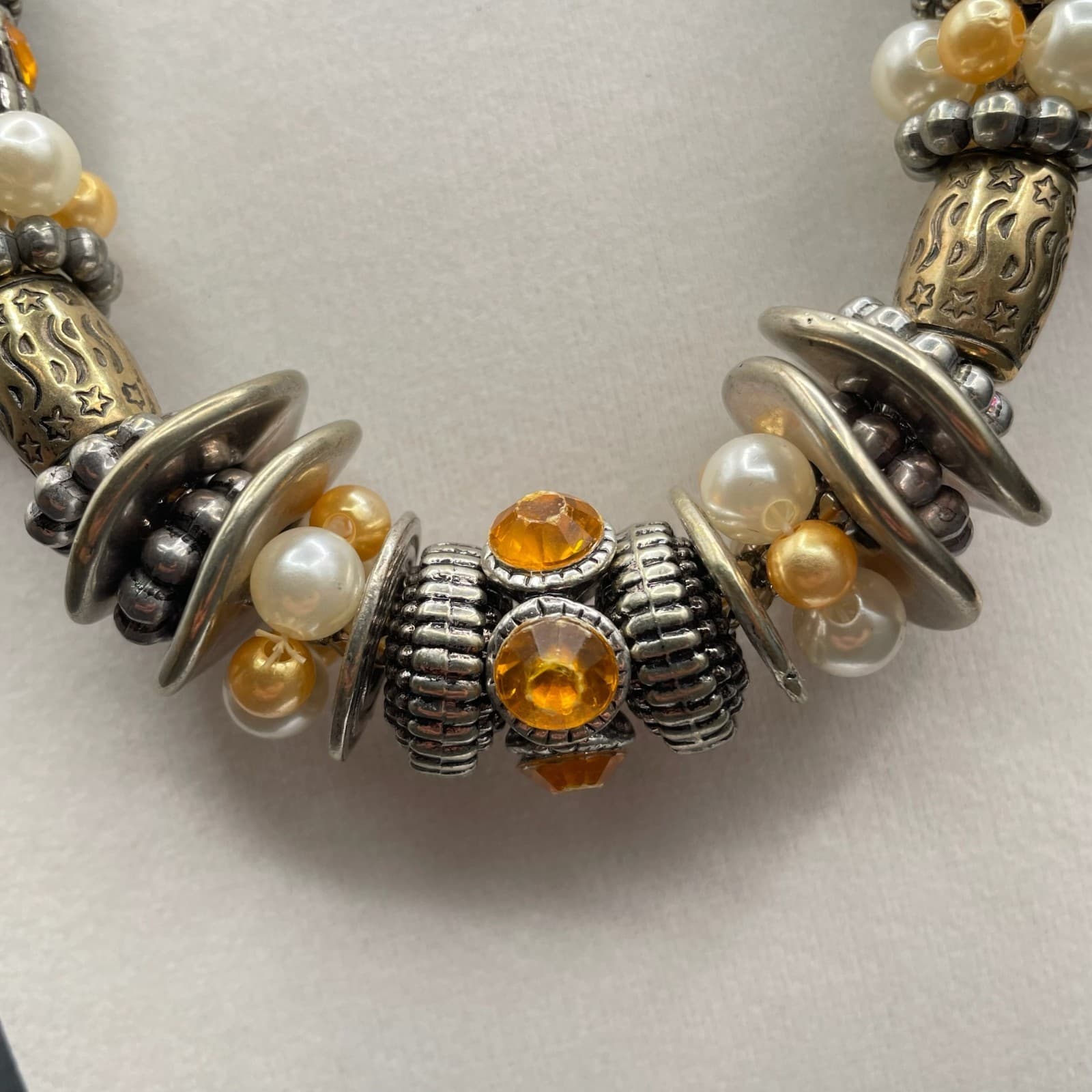 Vintage Mixed Media Accents Beads & Rhinestones Silver Tone Necklace Chain - Thumbnail 5