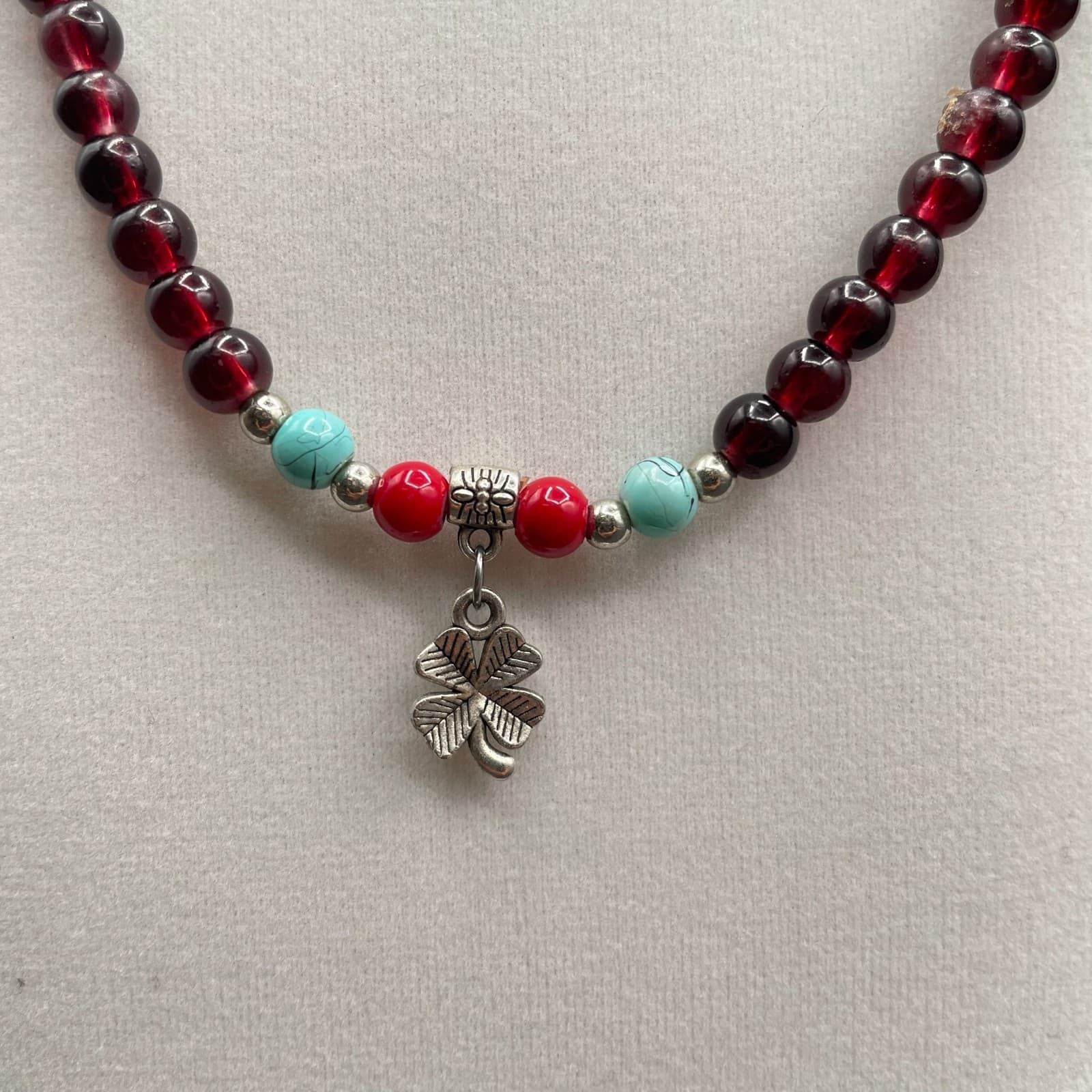 Vintage Red Silver Turquoise Round Beaded Necklace with Four Petal Silver Flower - Thumbnail 4