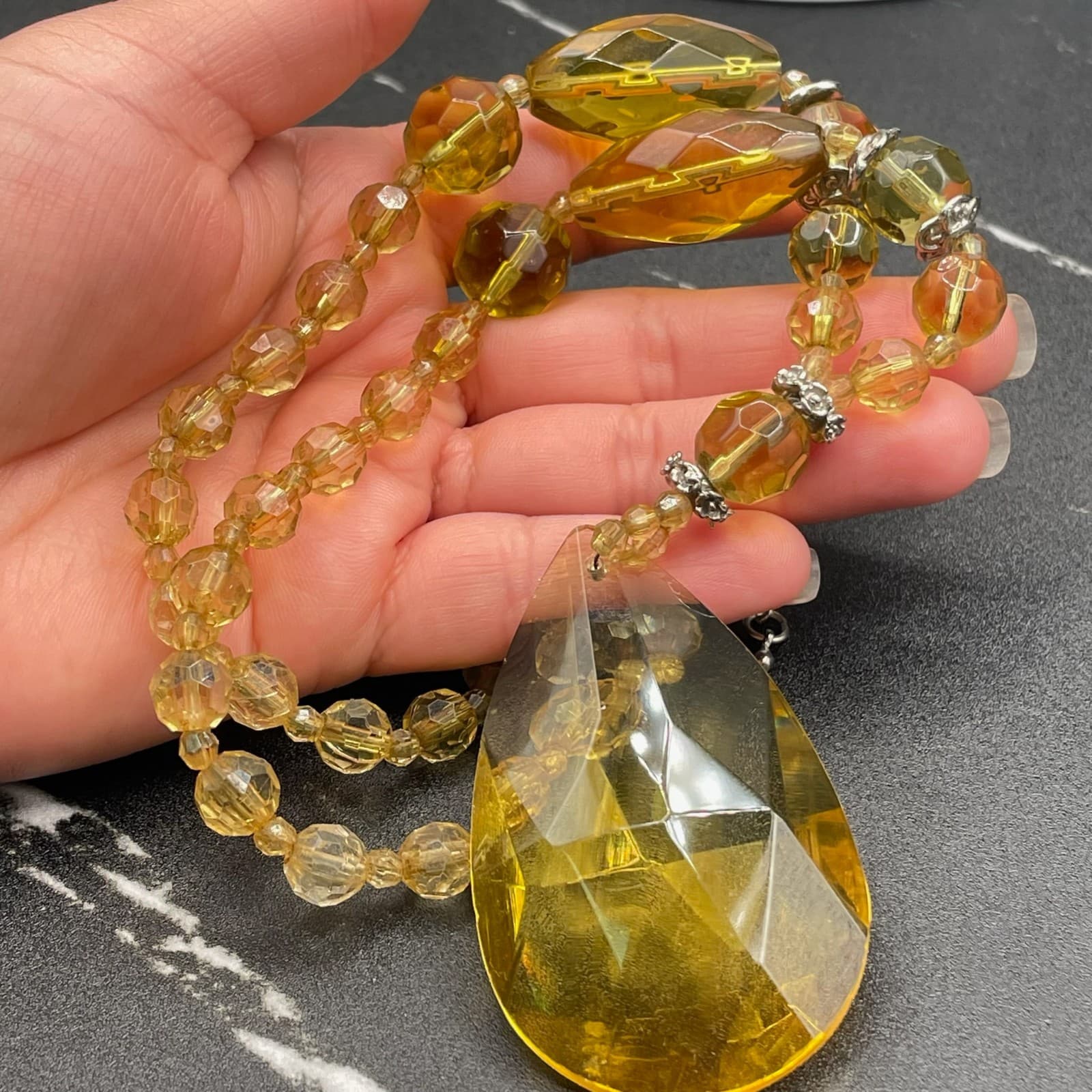 Vintage Amber Glass Silver-Tone Aluminium Lobster Classic Beaded Necklace - 17" - Thumbnail 18