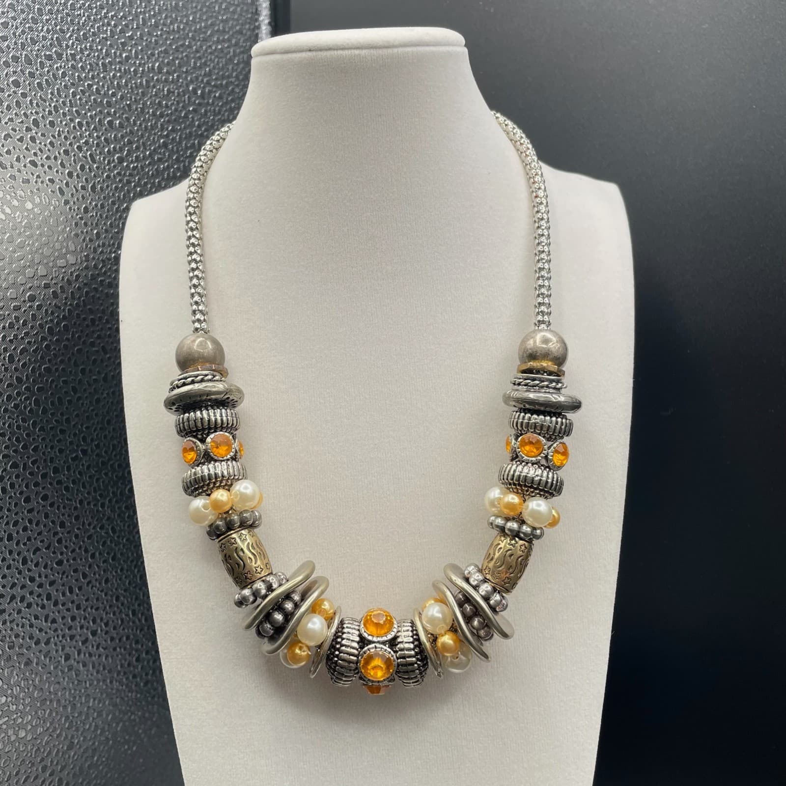 Vintage Mixed Media Accents Beads & Rhinestones Silver Tone Necklace Chain - Thumbnail 2